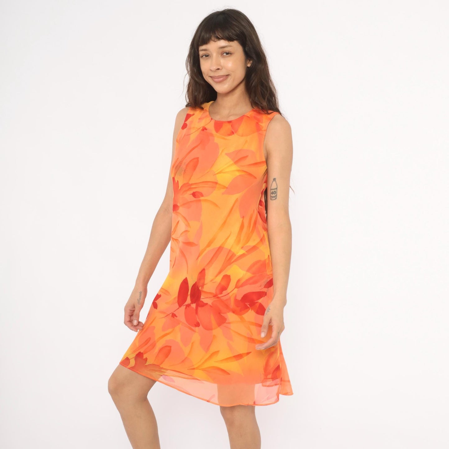 90s Jessica Howard Orange Floral Chiffon Shift Dress Medium M