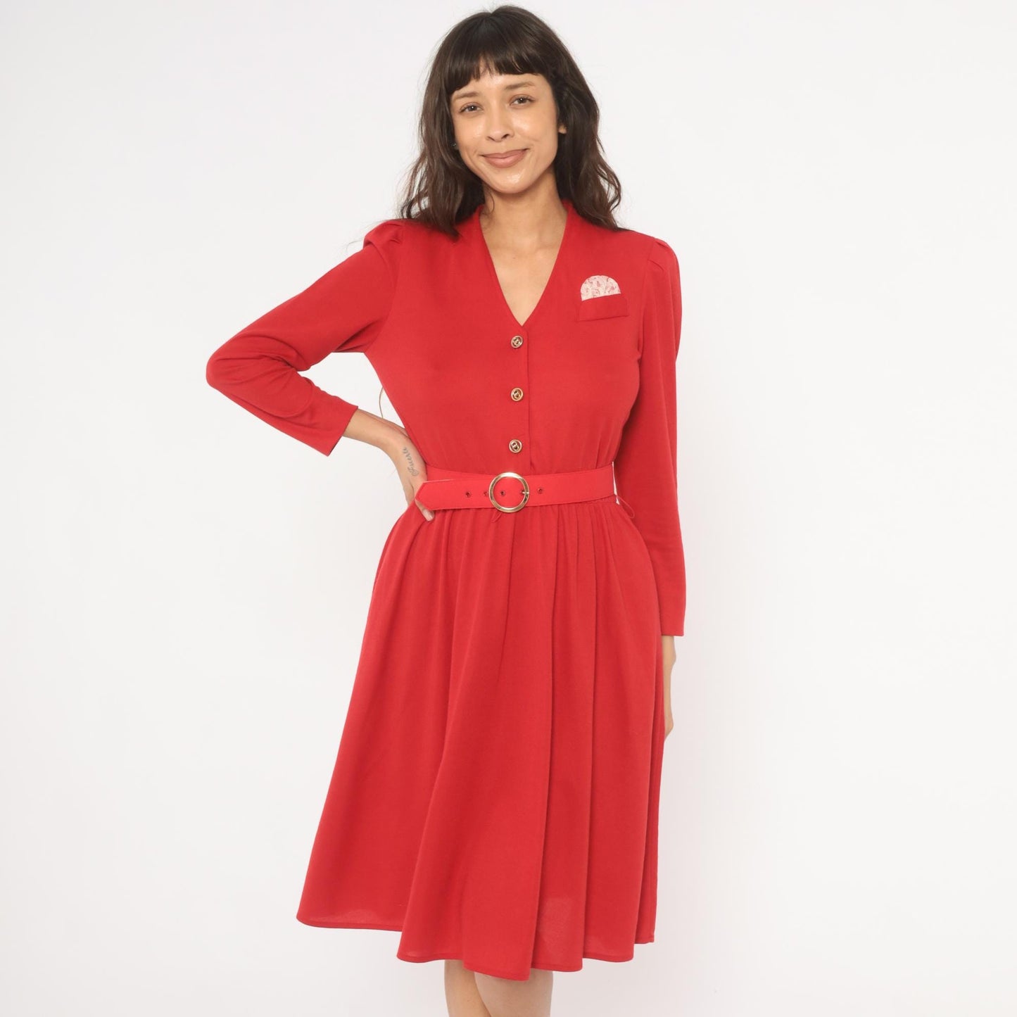 80s Tabby of California Red Day Dress Puff Sleeve V-Neck Gold Buttons Small S