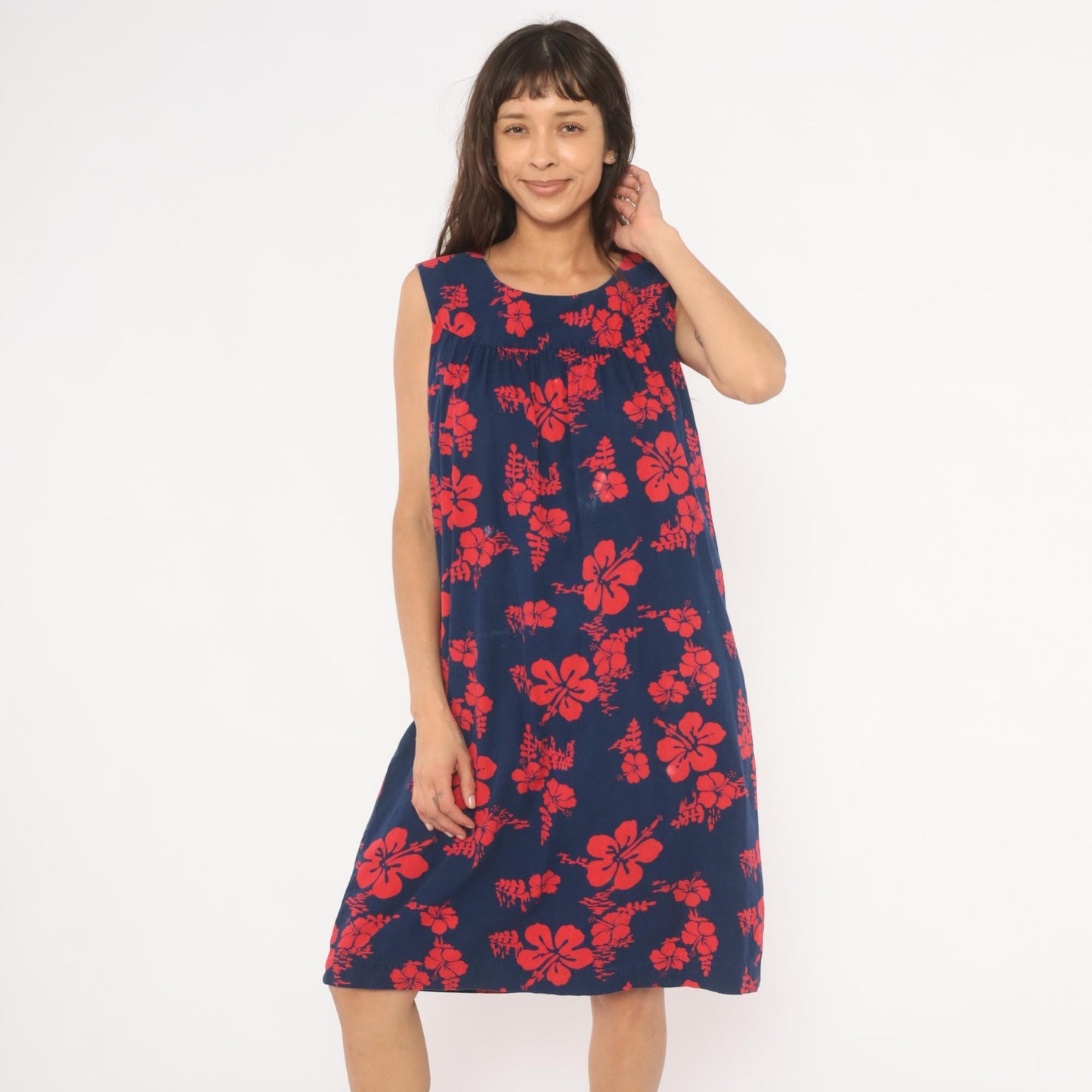 80s Ui-Makai Hawaiian Hibiscus Dress Navy Blue Red Floral Sleeveless Small