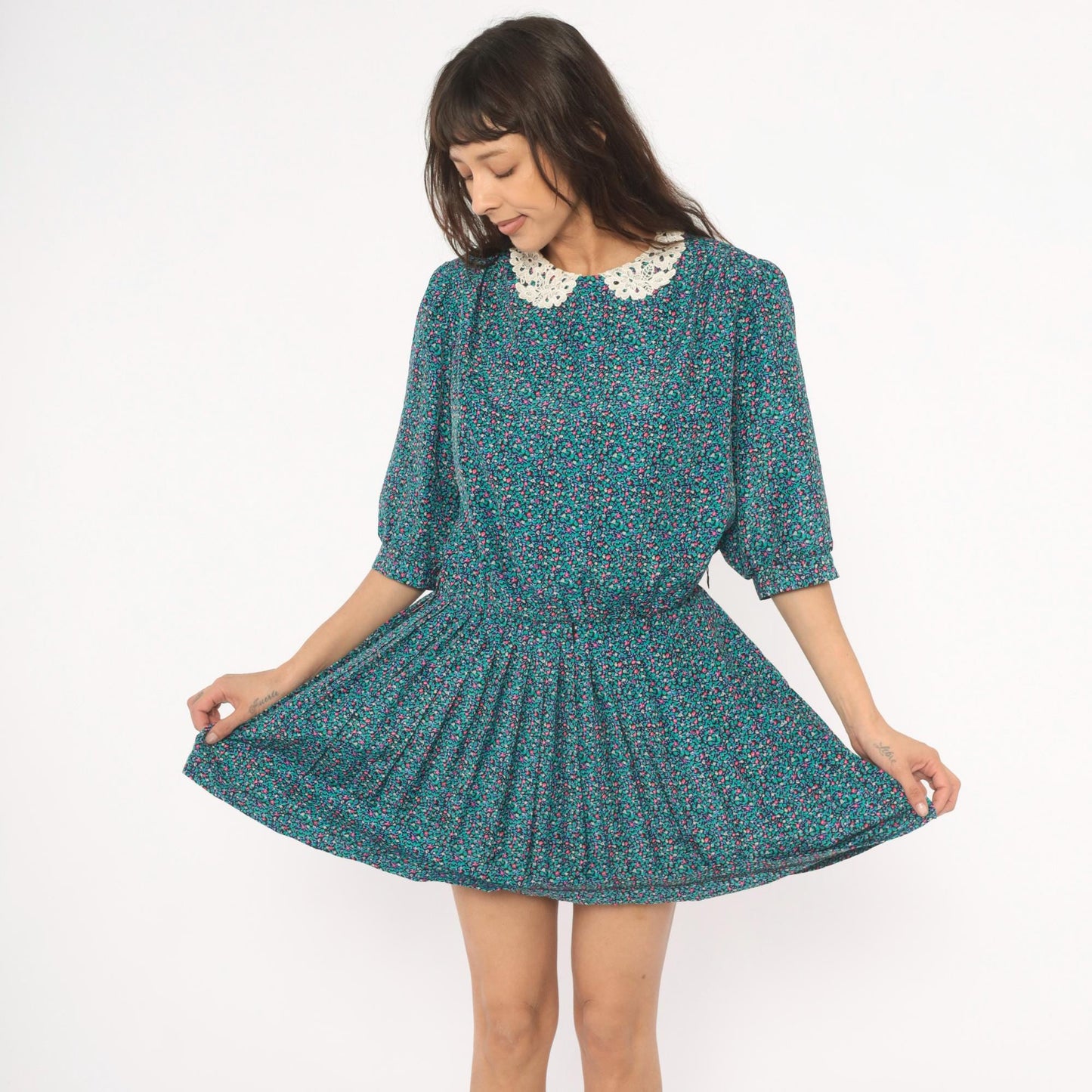 80s Brelli Originals Ditsy Floral Mini Dress Puff Sleeve Peter Pan Collar Large L