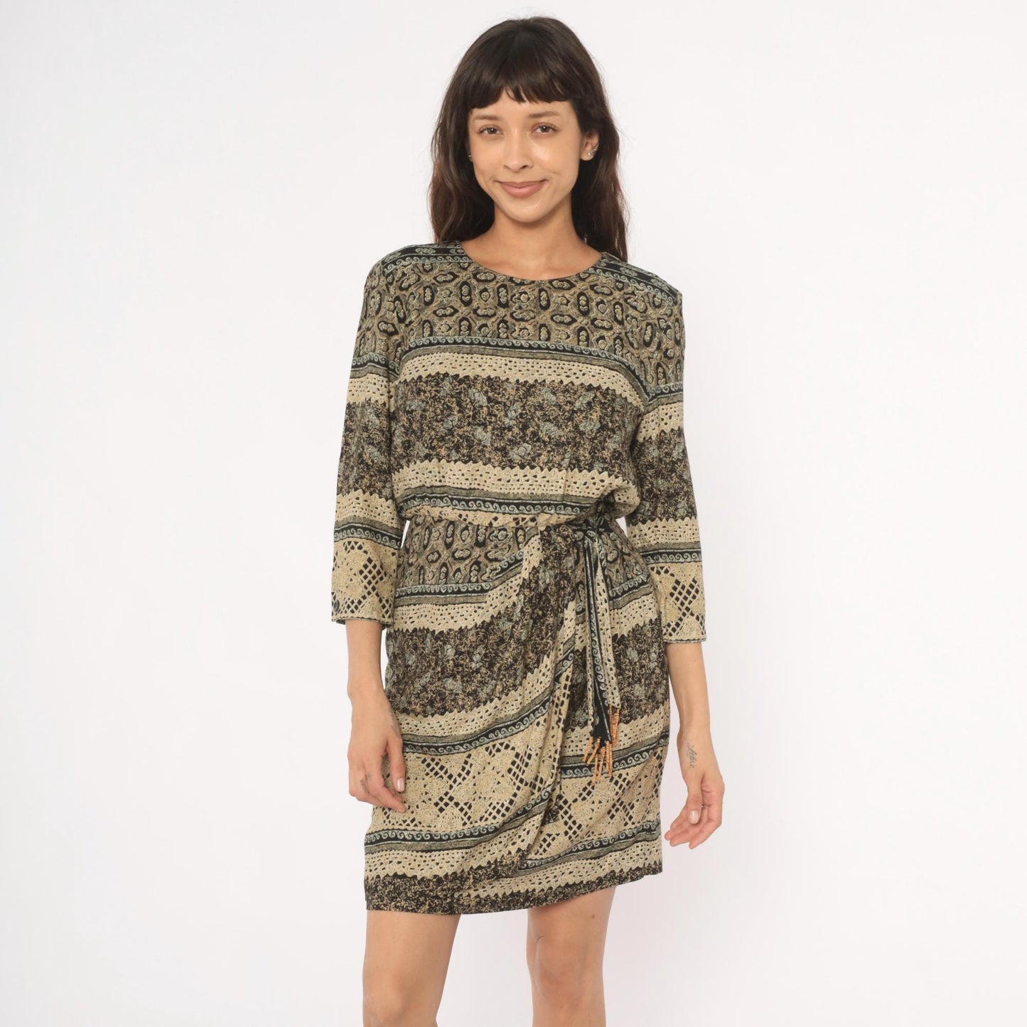 90s RJ Stevens Mini Dress Paisley Floral Stripe Black Tan Olive Medium M