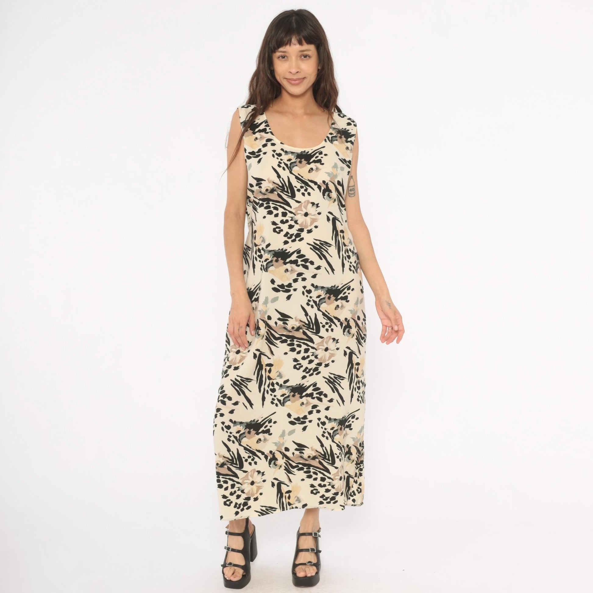 90s Ann Mali Maxi Dress Cream Black Animal Print Tie Back Large L