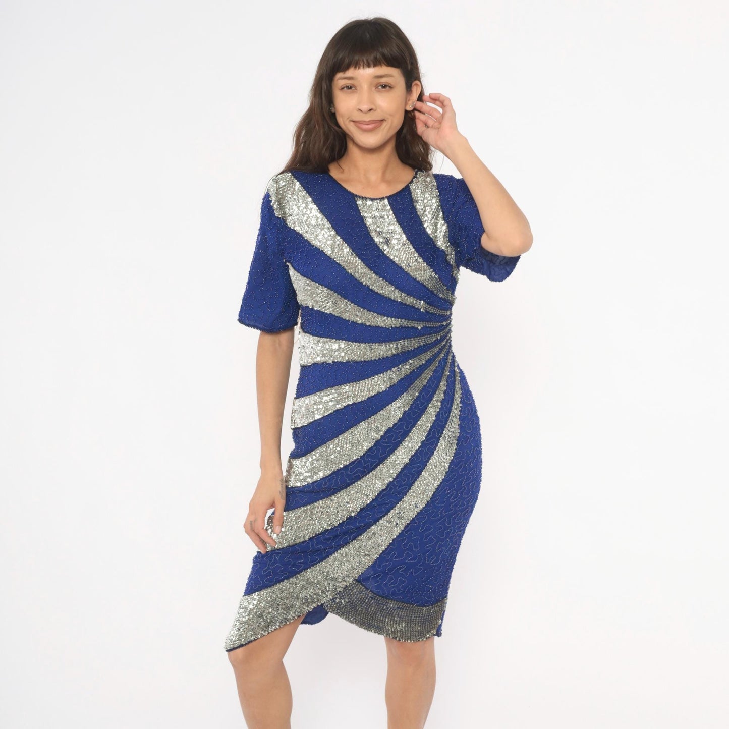 80s Stenay Cobalt Blue Silver Sequin Silk Cocktail Dress Keyhole Back Medium M