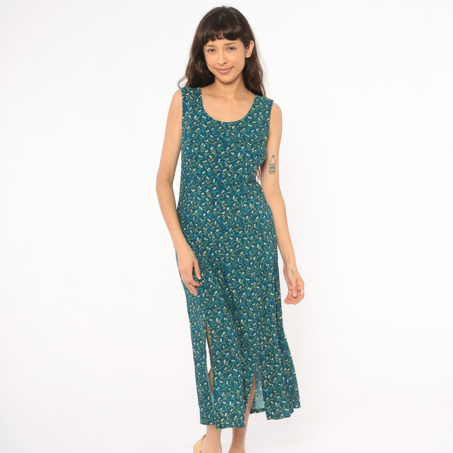 90s TR Bentley Floral Midi Dress Teal Sleeveless Scoop Neck Medium M