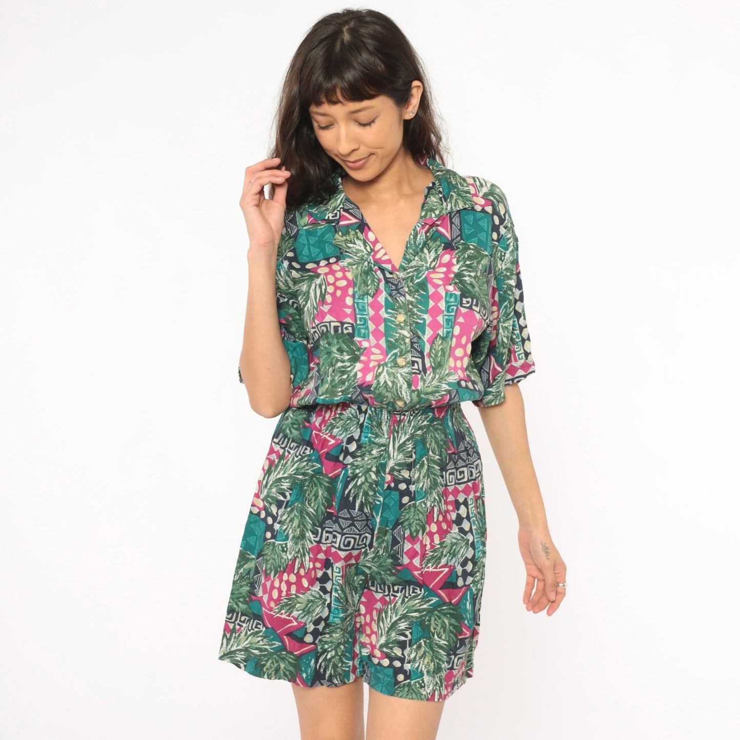 80s C.A. Sport Tropical Romper Green Magenta Leaf Print Button Front Small