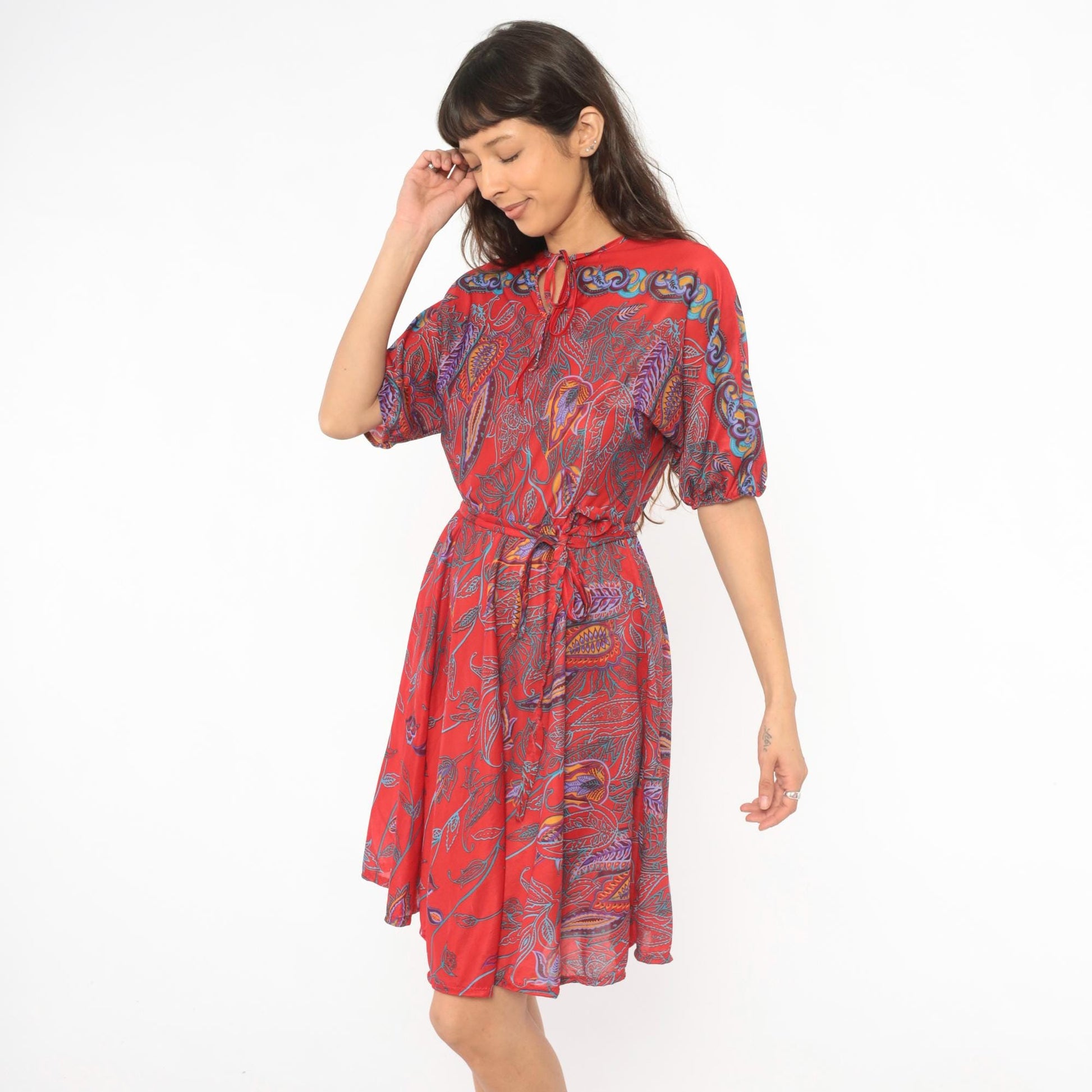 80s NPC Fashions Red Paisley Botanical Tie Neck Dress Knee Length Small Medium