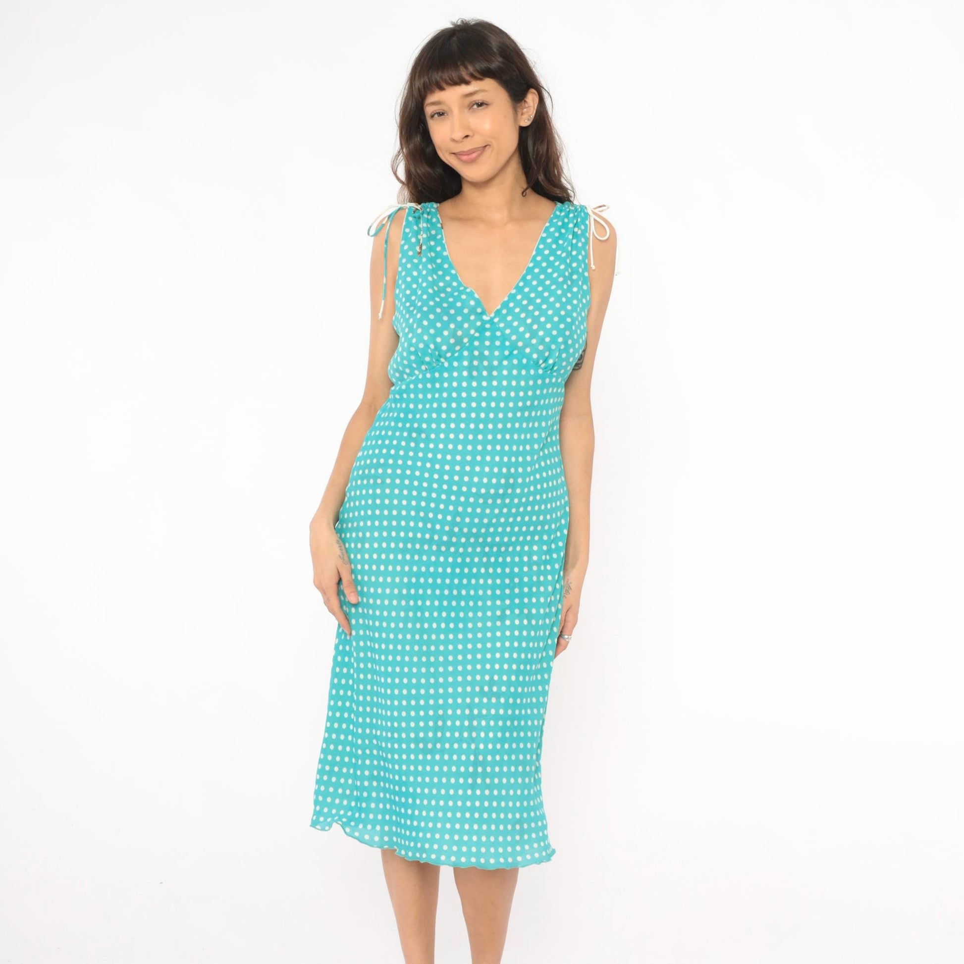 Y2K Reversible Floral Polka Dot Chiffon Dress Turquoise Cream V Neck Tie Shoulder Midi Medium M