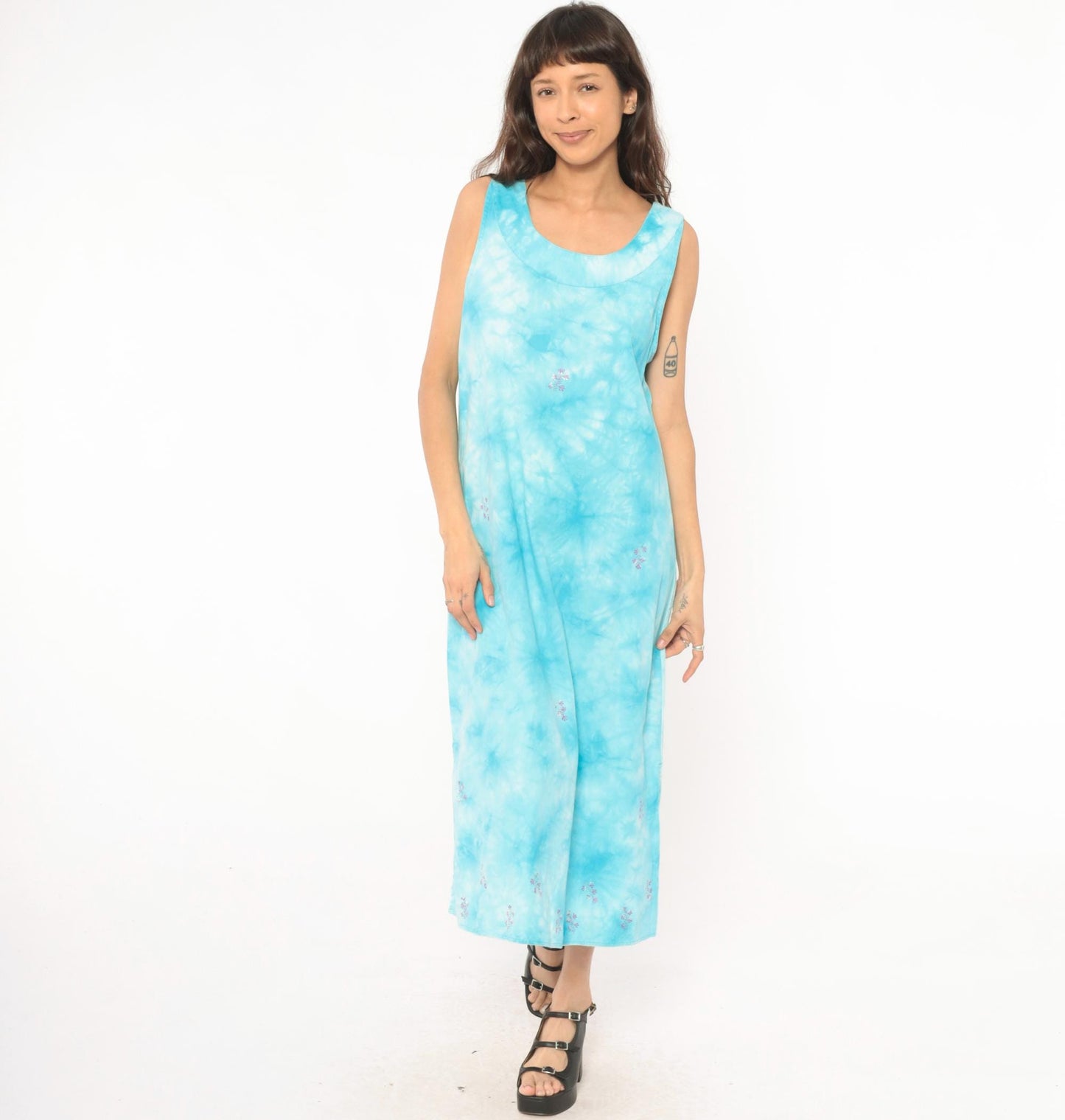 90s Basic Editions Tie Dye Maxi Dress Sky Blue Embroidered Floral Cotton Medium M