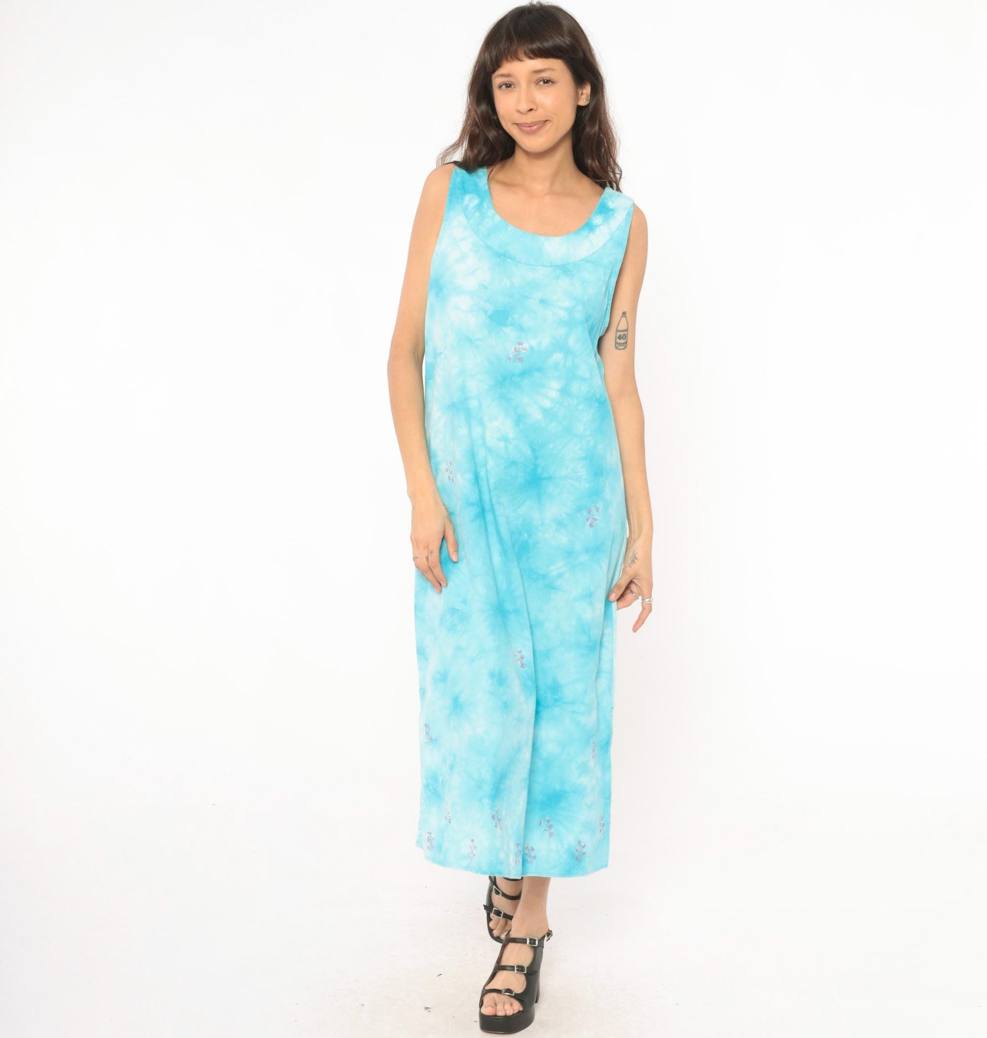 90s Basic Editions Tie Dye Maxi Dress Sky Blue Embroidered Floral Cotton Medium M