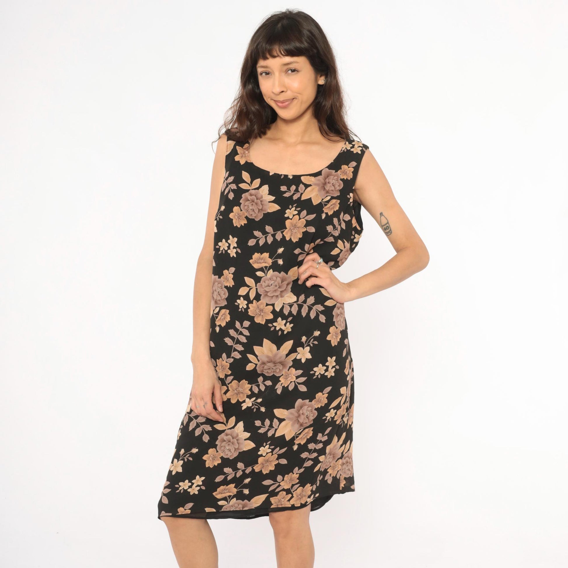 90s Laura Scott Floral Tank Dress Black Tan Rose Print Knee Length Extra Large XL