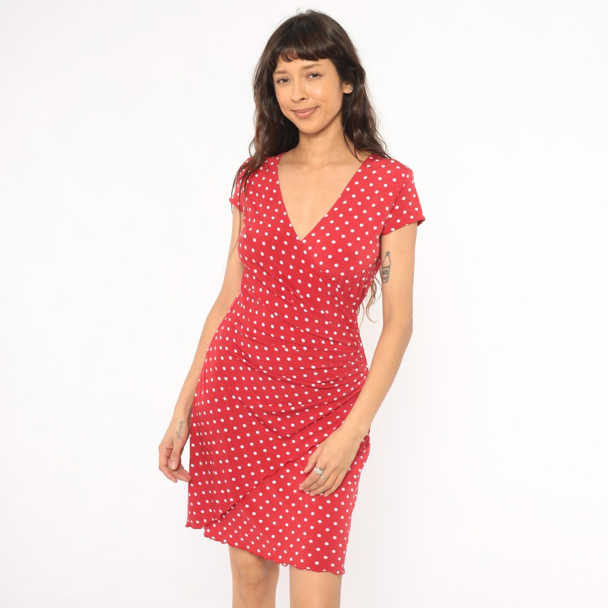 2000s Joseph Ribknoff Red Polka Dot Wrap Dress V Neck Cap Sleeve Small S