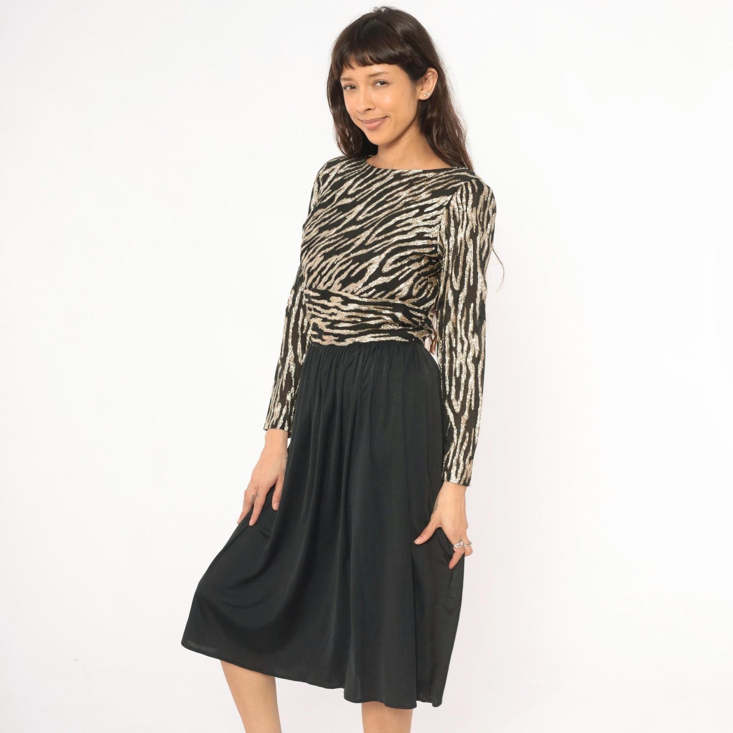 80s Ursula of Switzerland Gold Zebra Stripe Midi Dress Black Long Sleeve Medium M