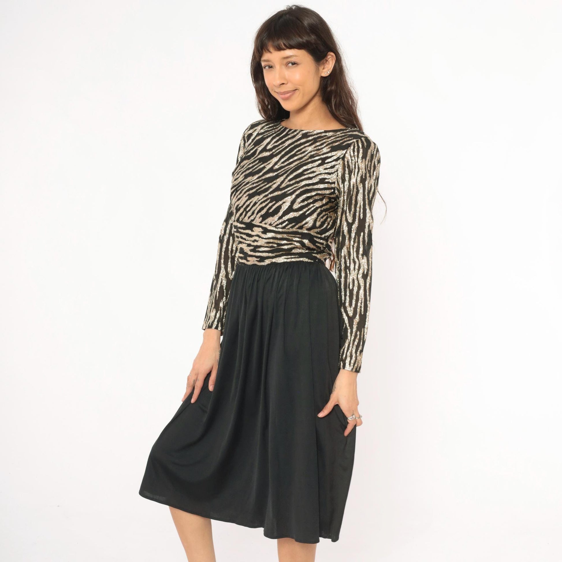 80s Ursula of Switzerland Gold Zebra Stripe Midi Dress Black Long Sleeve Medium M