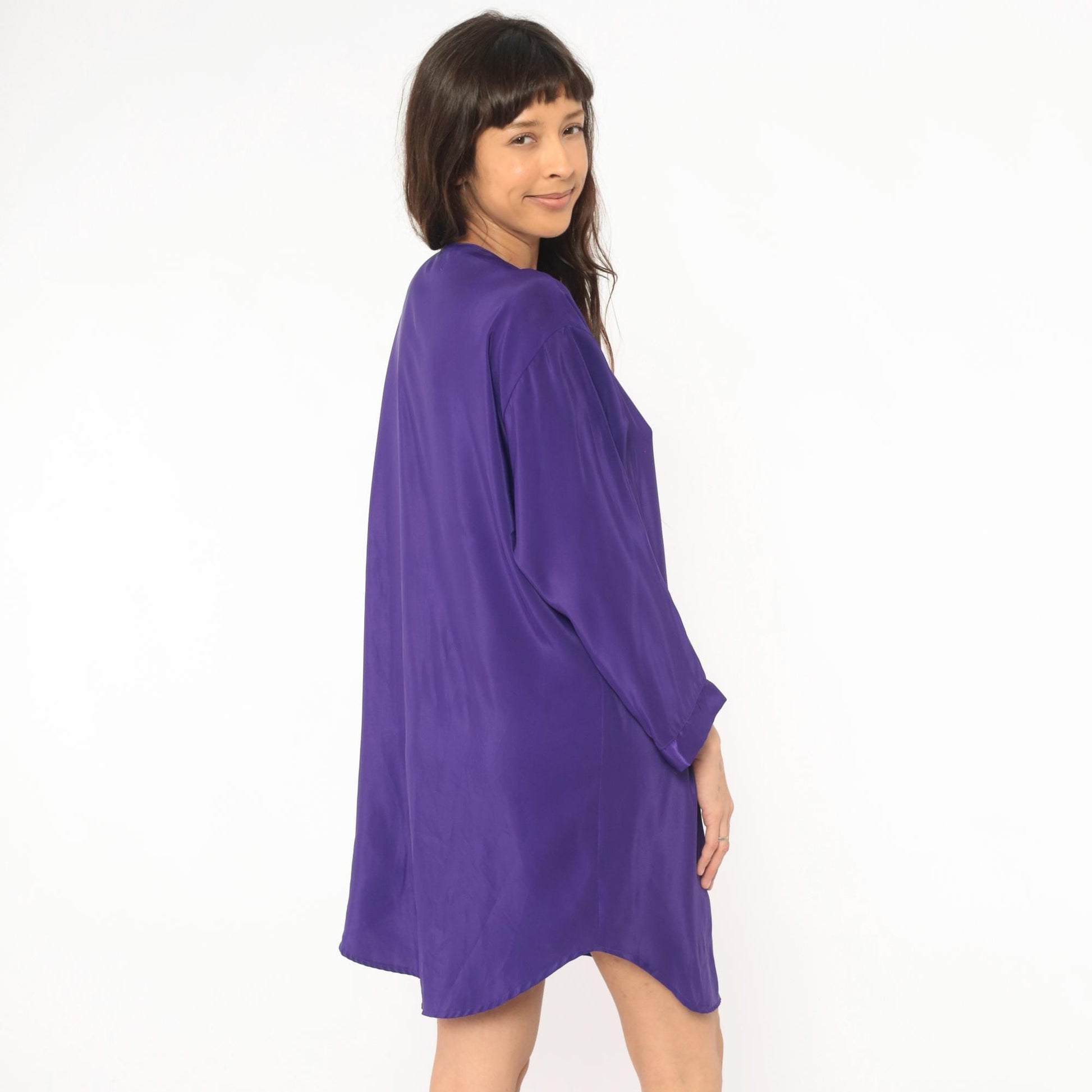 90s Beth Michaels Purple Satin Sleep Shirt Button Front V Neck Knee Length Large L
