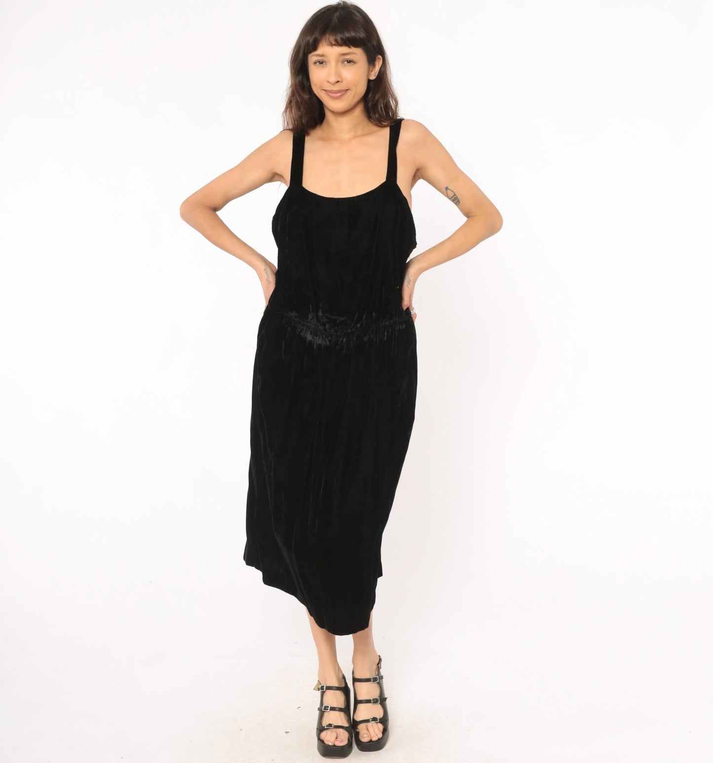 80s Black Velvet Sleeveless Dress Gathered Waist Scoop Neck Midi Large L