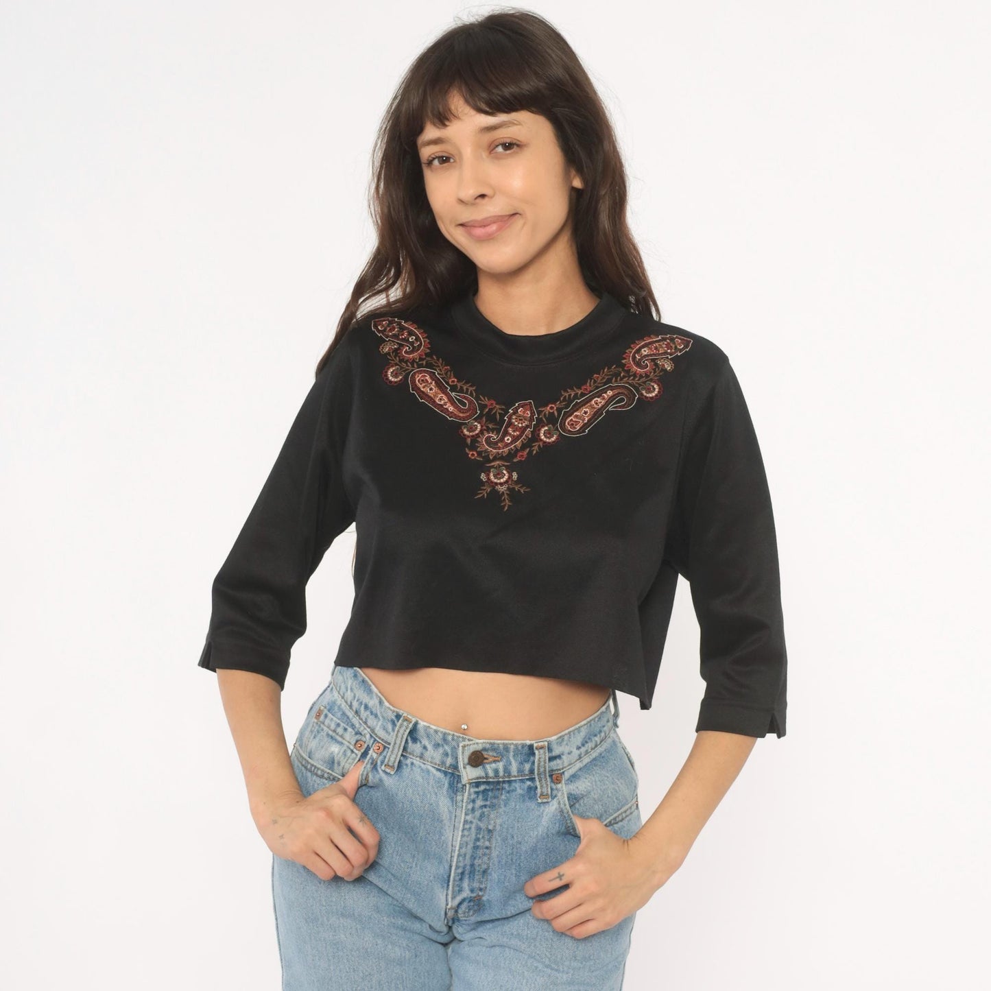 80s Bon Worth Paisley Embroidered Crop Top Black Three Quarter Sleeve Small