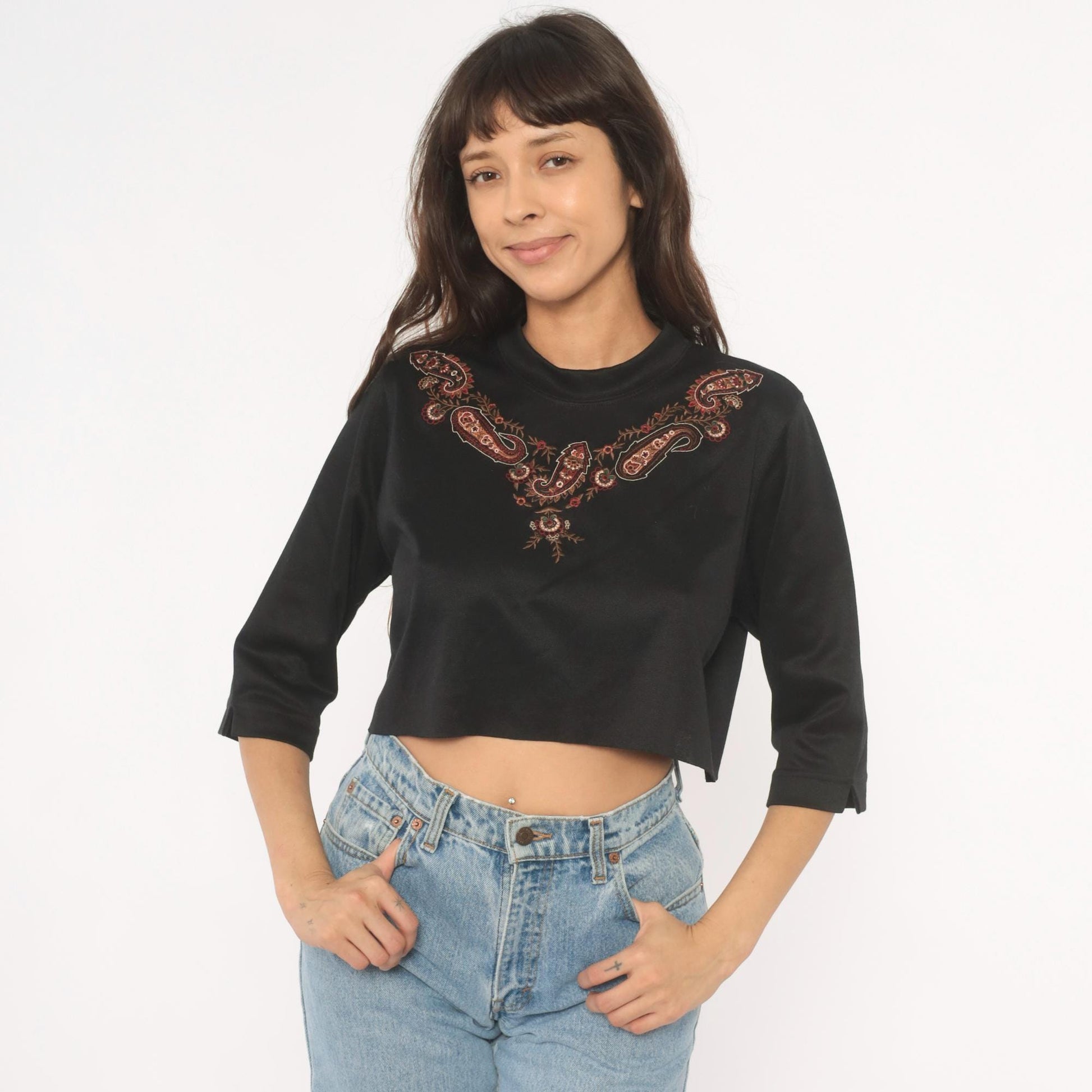 80s Bon Worth Paisley Embroidered Crop Top Black Three Quarter Sleeve Small