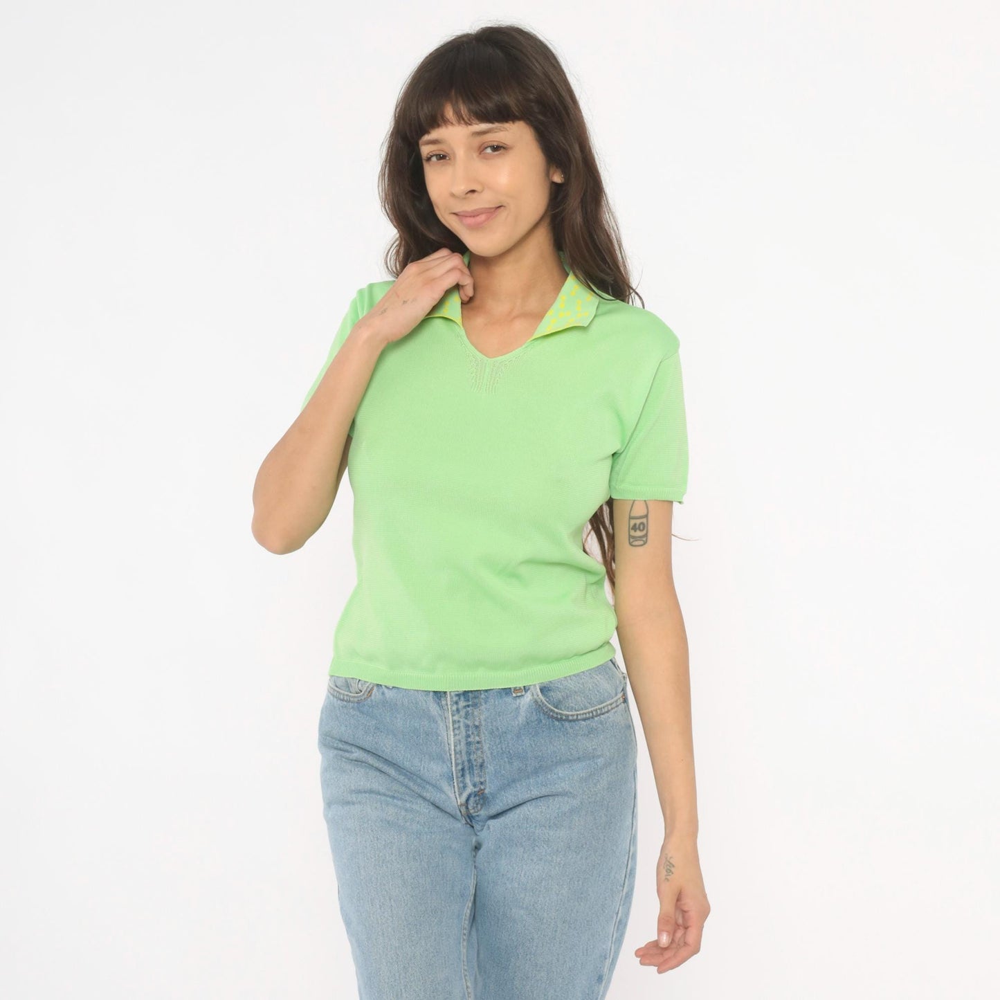 90s Lime Green Polo Knit Yellow Patterned Collar Fitted Pullover Small