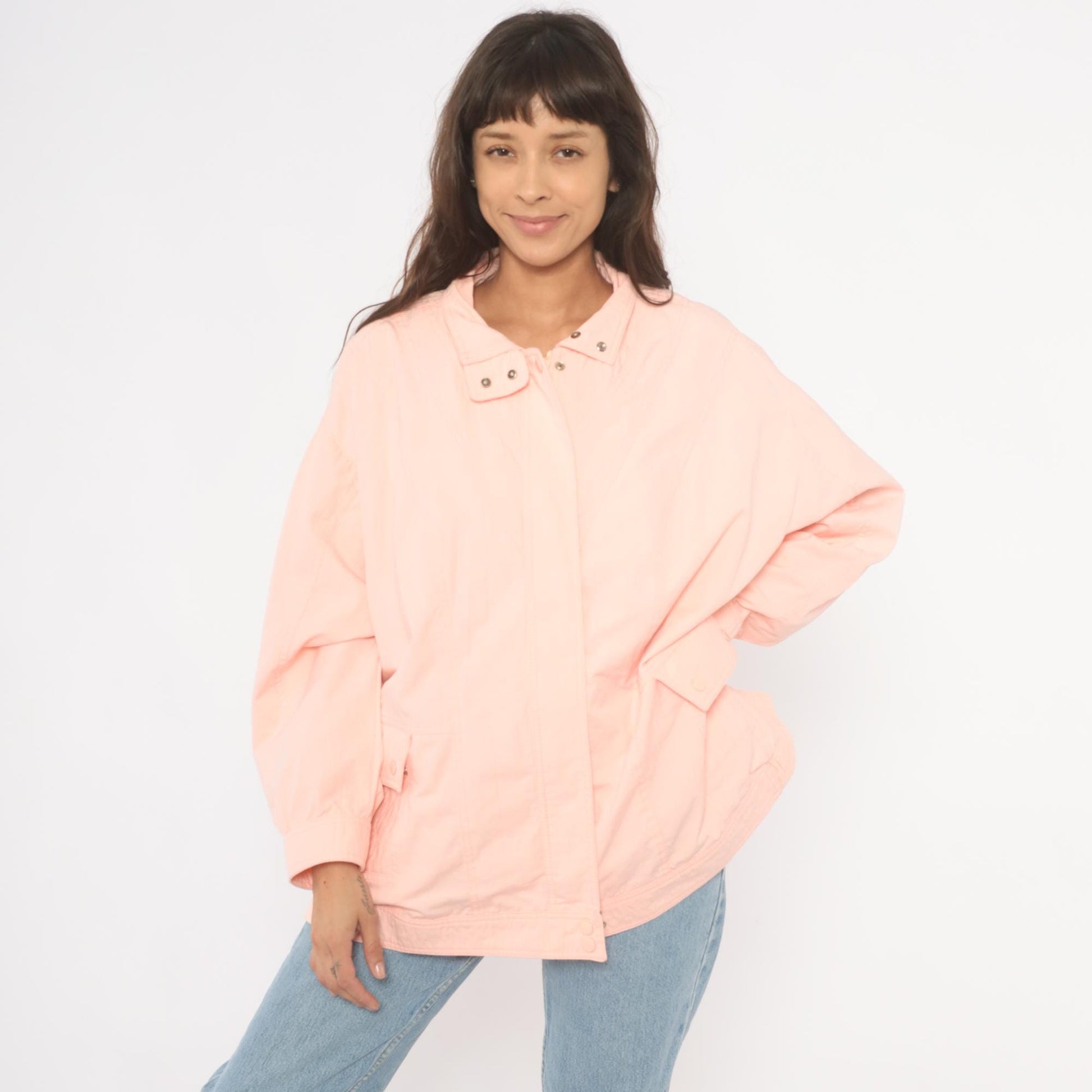 80s Aurora International Windbreaker Jacket Peach Snap Collar Zip Front Extra Large XXL