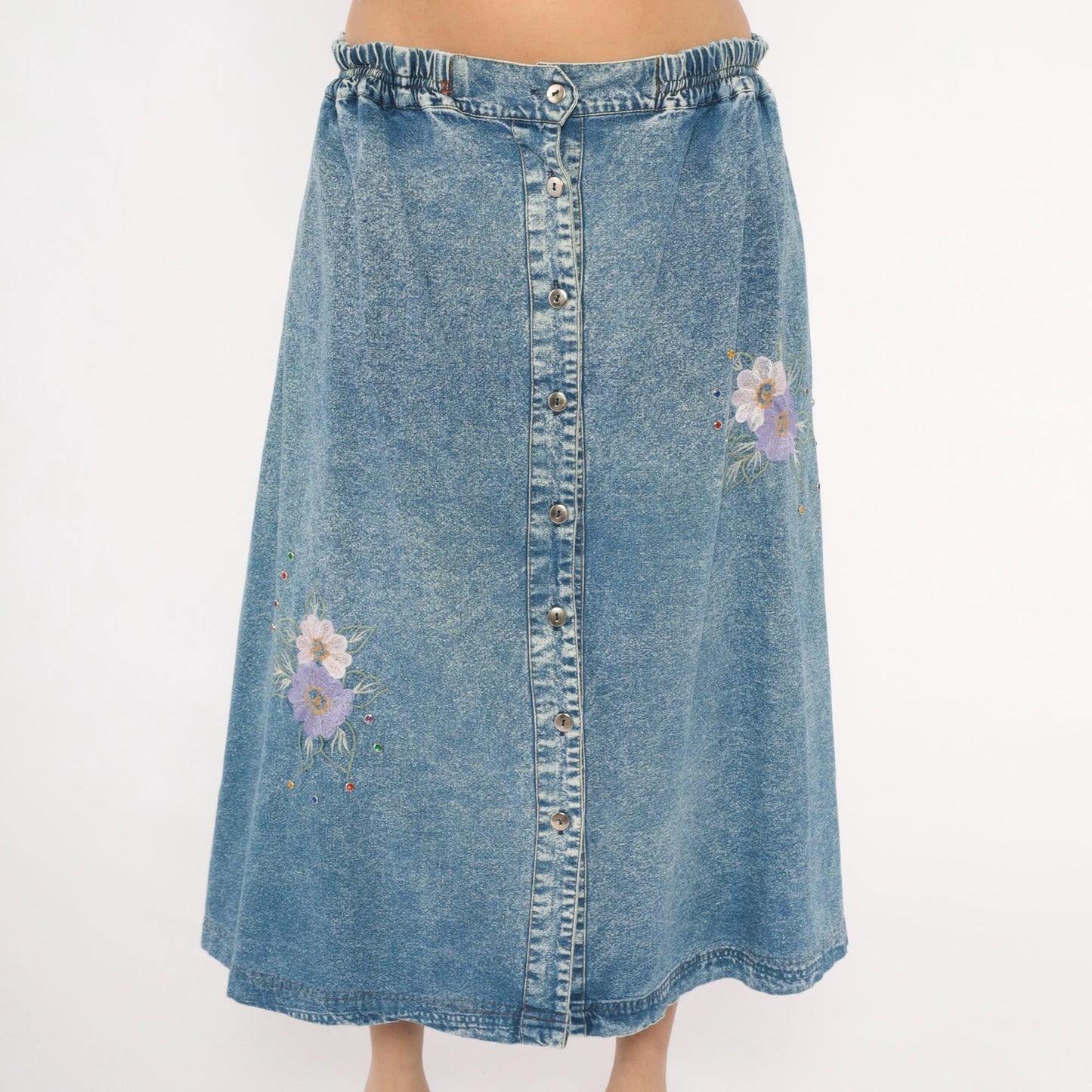 90s Carolina Bay Acid Wash Denim Midi Skirt Floral Embroidered Blue Extra Large XL