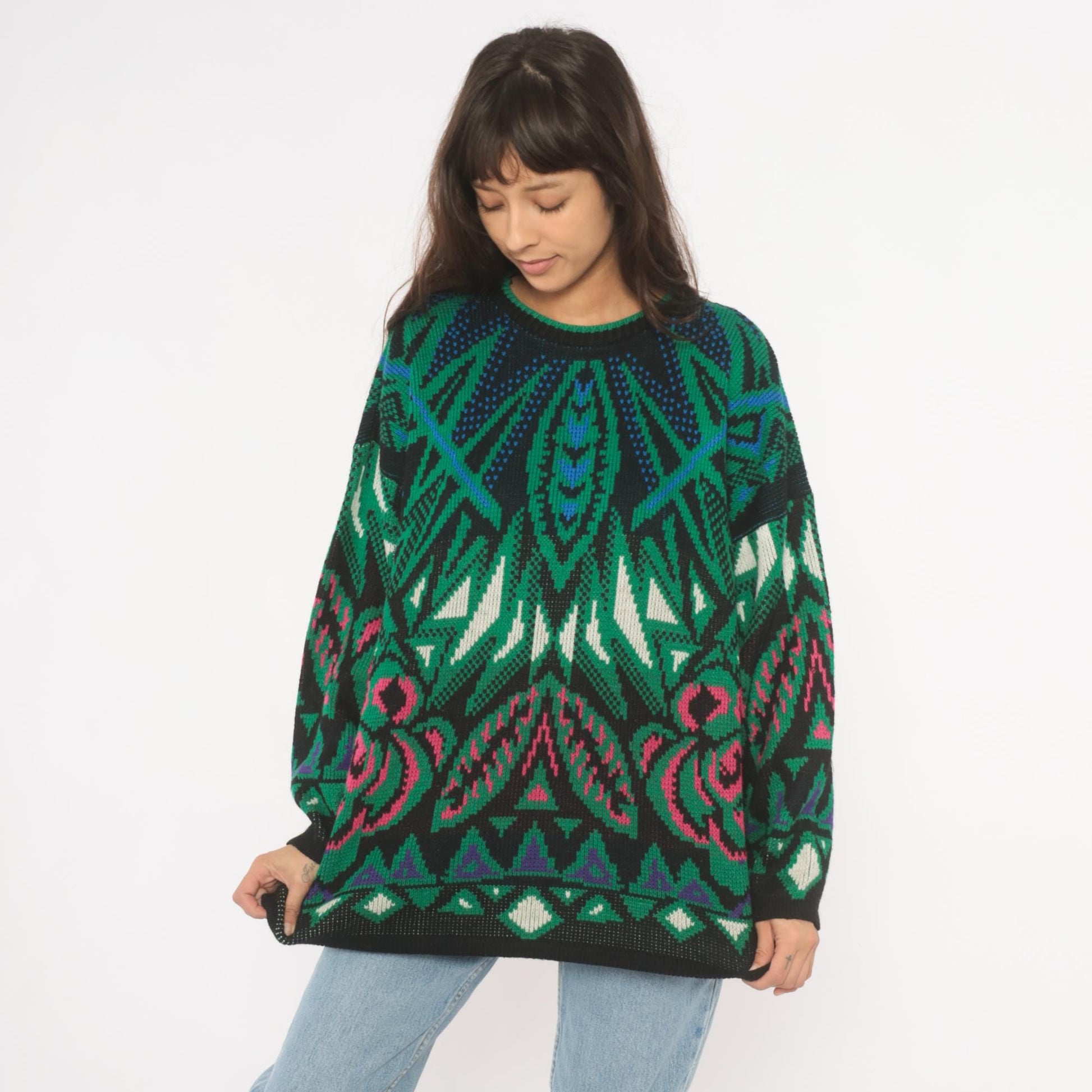 90s Venezia Geometric Jacquard Knit Sweater Green Pink Blue Crewneck XL