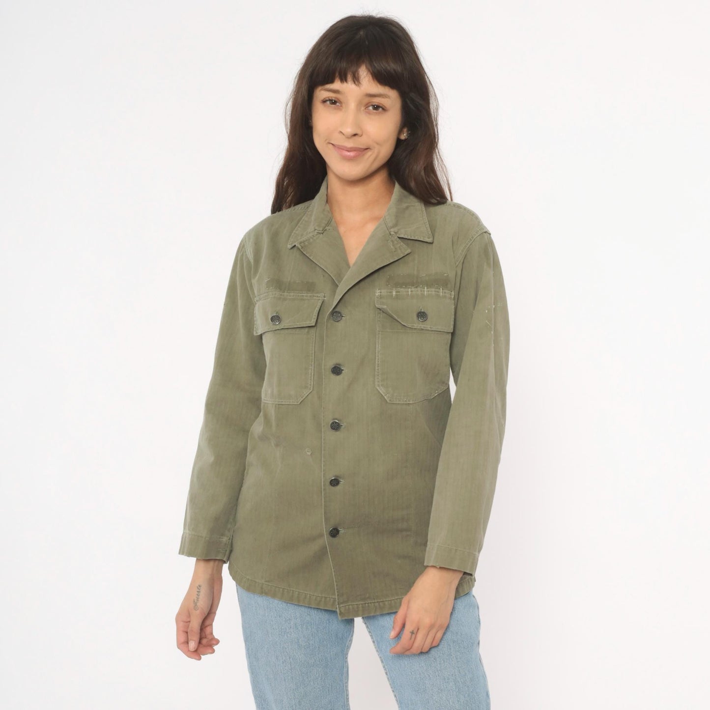 1940s HBT Military Field Jacket Olive Drab Cotton Army WWII Small