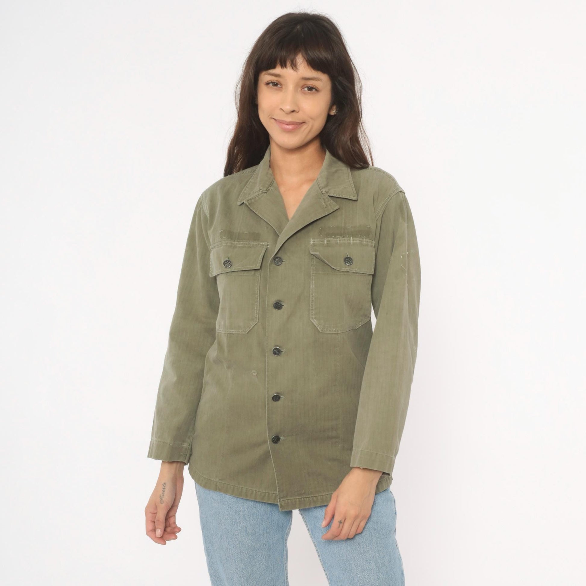 1940s HBT Military Field Jacket Olive Drab Cotton Army WWII Small