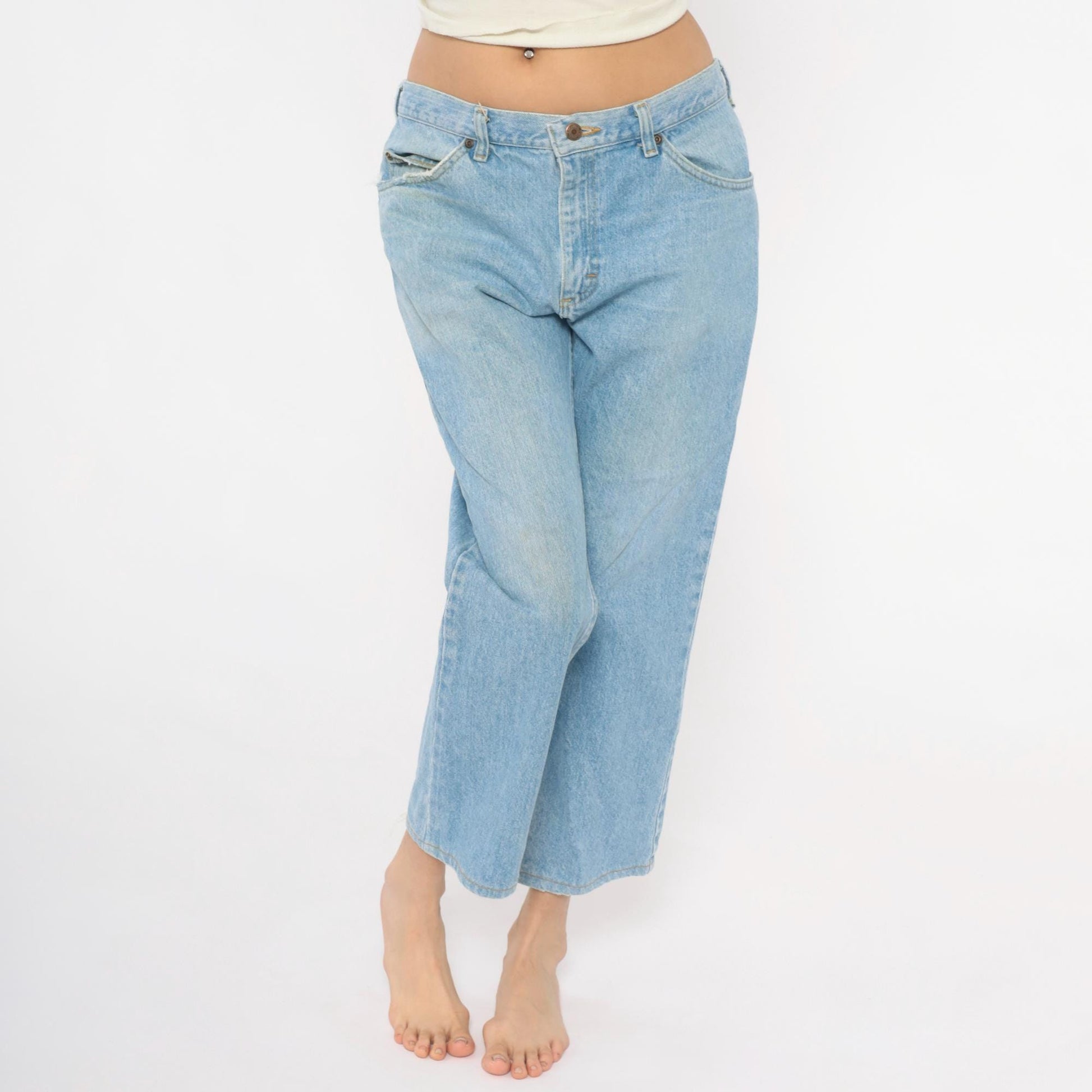Y2K Light Wash Straight Leg Cropped Jeans Raw Hem Blue Cotton Large L
