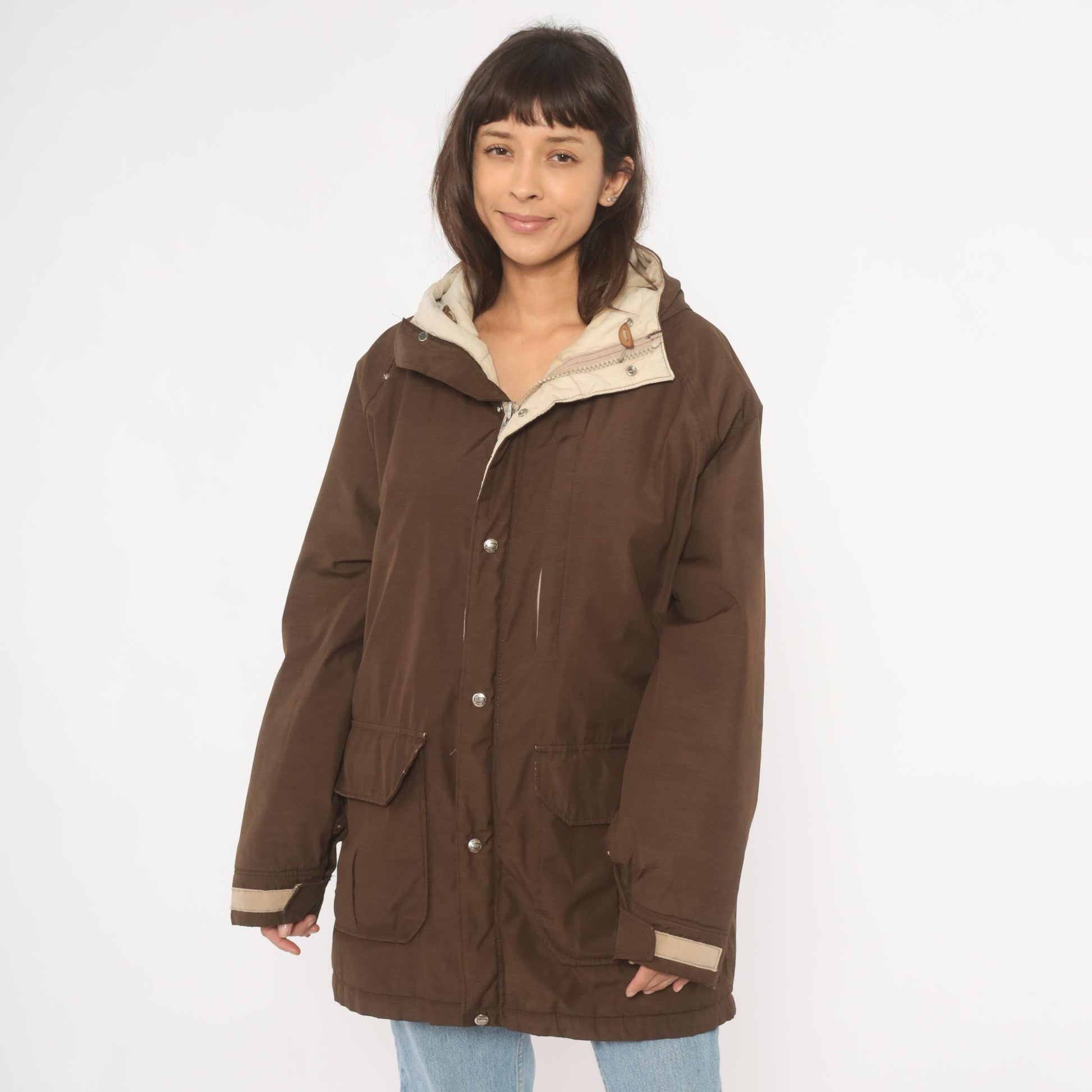 80s Woolrich Brown Hooded Parka Cargo Pockets Tan Quilted Lining Large