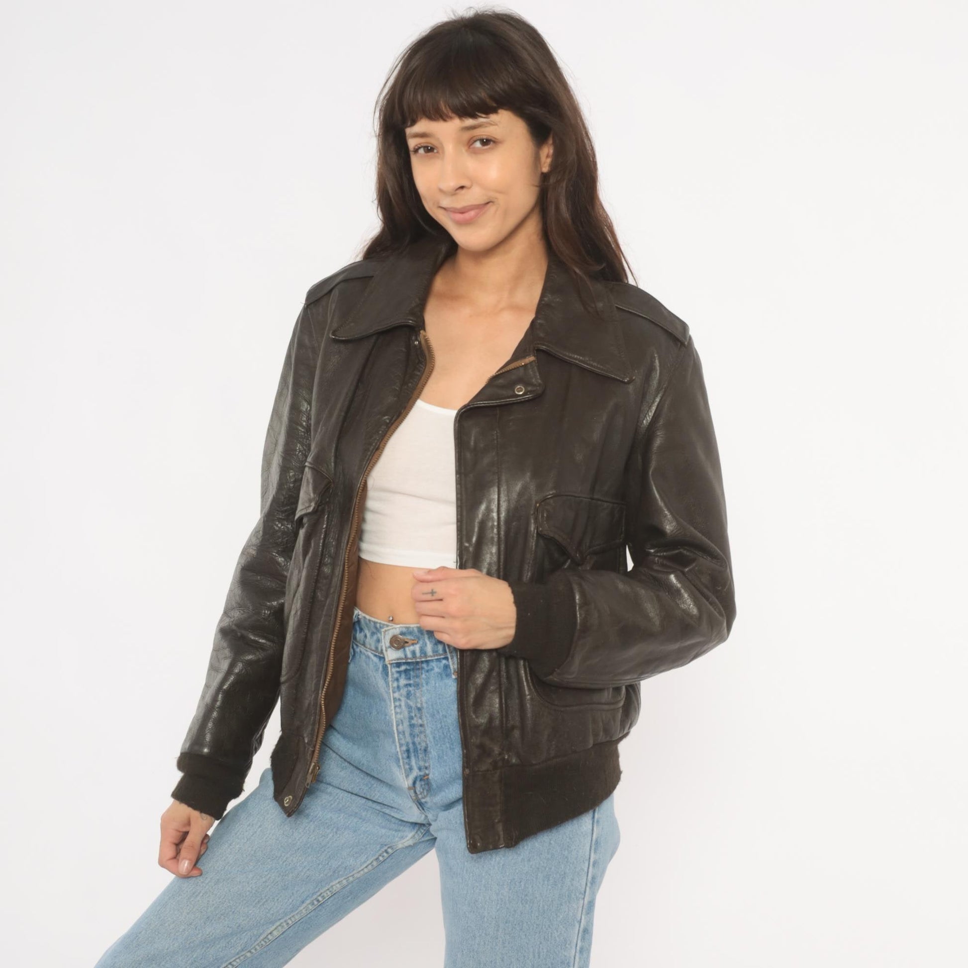 80s Golden Fleece Dark Brown Leather Bomber Jacket Cropped Small