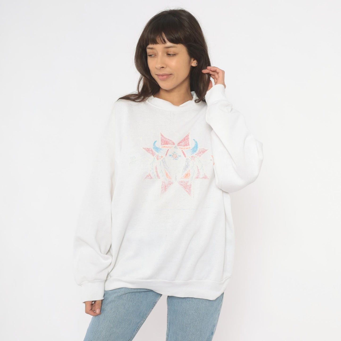 90s Tultex Southwestern Cow Skull Sweatshirt White Pastel Geometric Crewneck Extra Large XXL