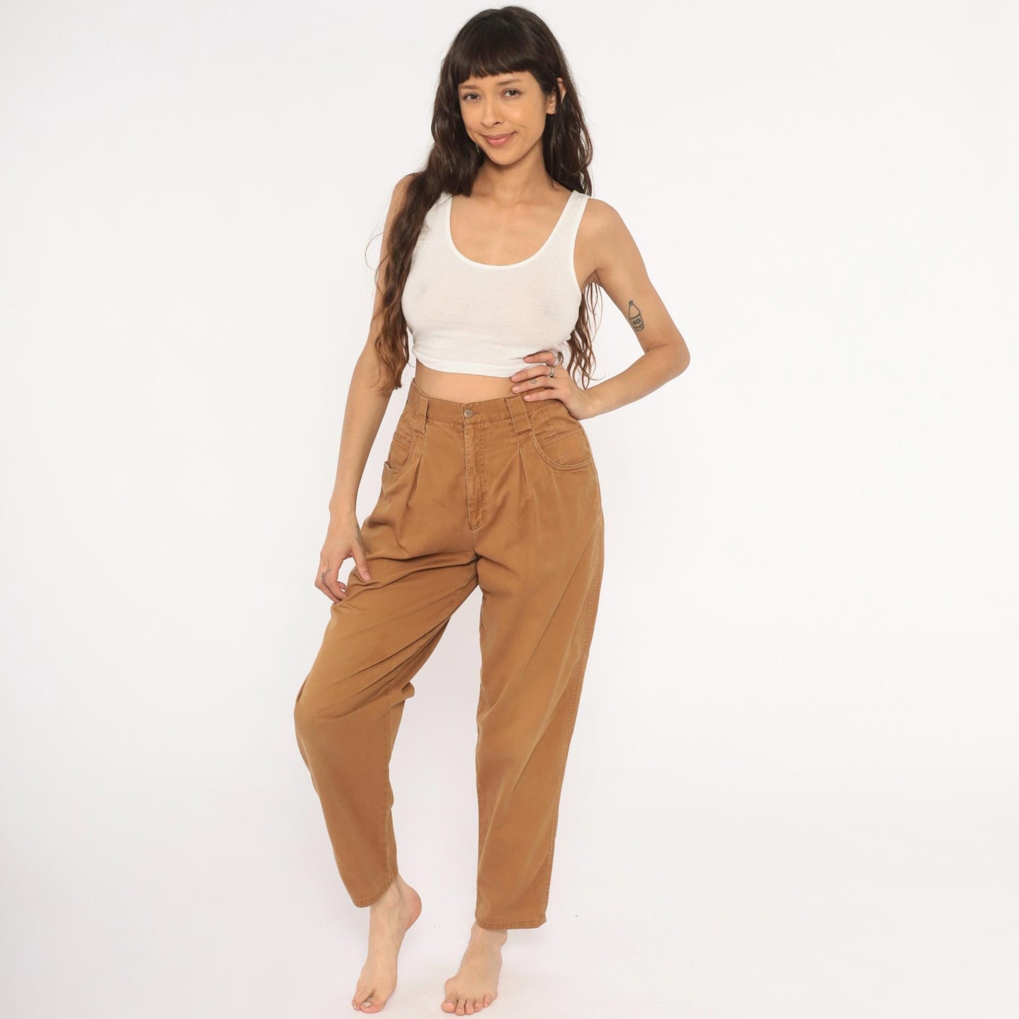 90s Pleated Trousers Mustard Cotton High Waisted Tapered Small S