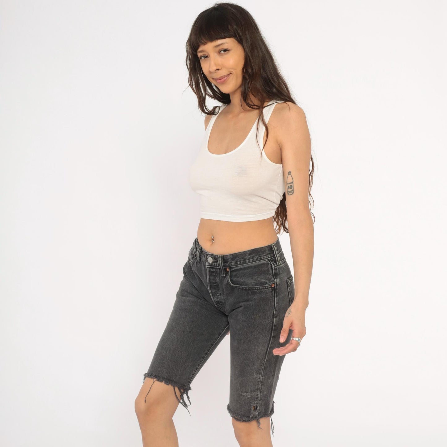 Levis 501 Cutoff Bermuda Shorts Faded Black Denim Raw Hem Small S