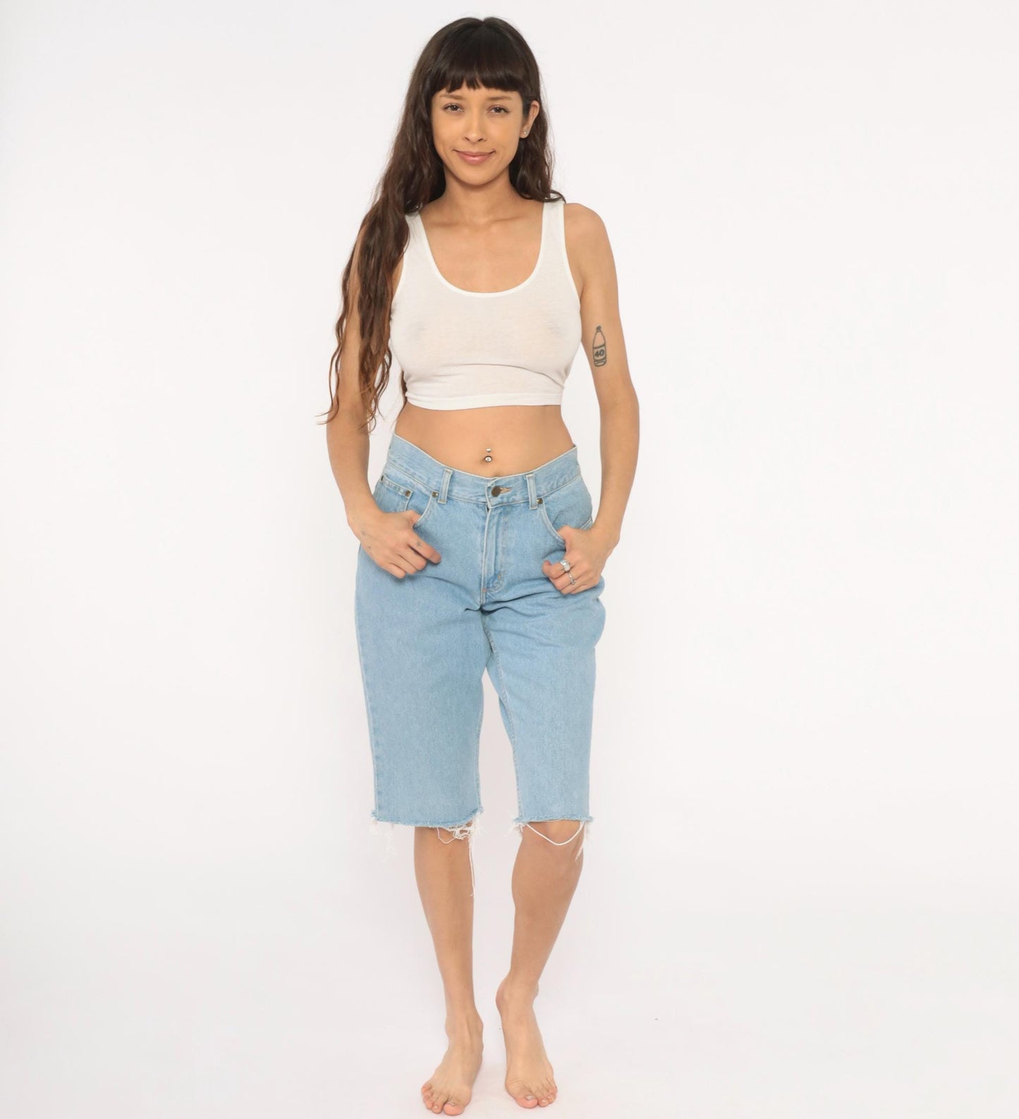 LL Bean Light Wash Denim Cutoff Shorts High Waist Bermuda Blue Medium M