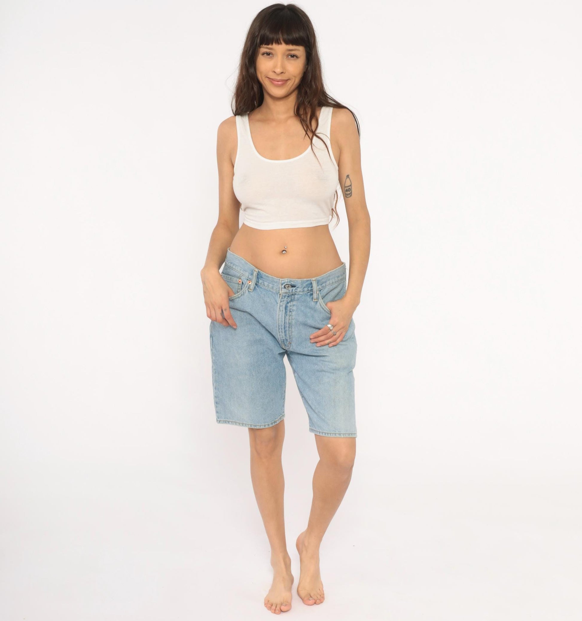 00s Light Wash Denim Bermuda Shorts Low Rise Button Fly Blue 34
