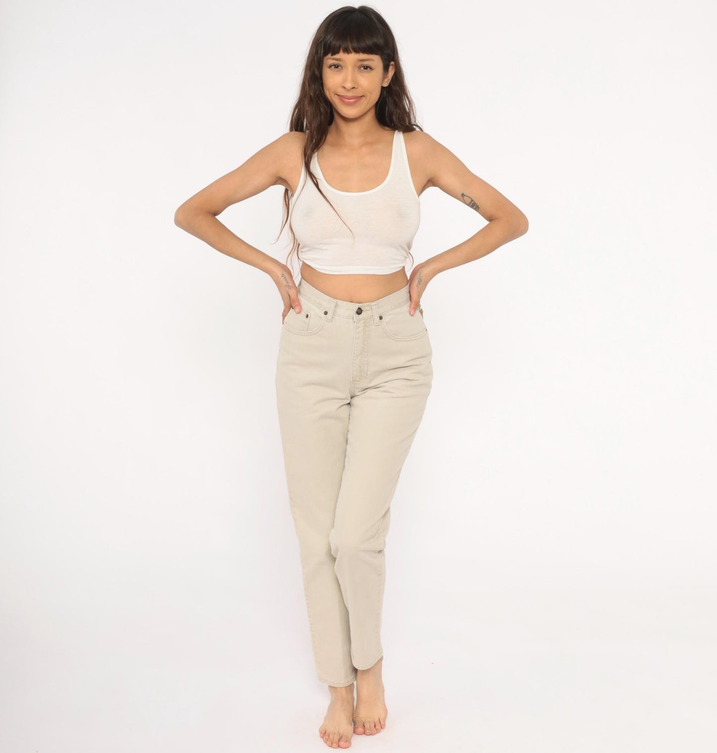 90s Exp Jeans High Waisted Cream Denim Straight Tapered Ankle Small S