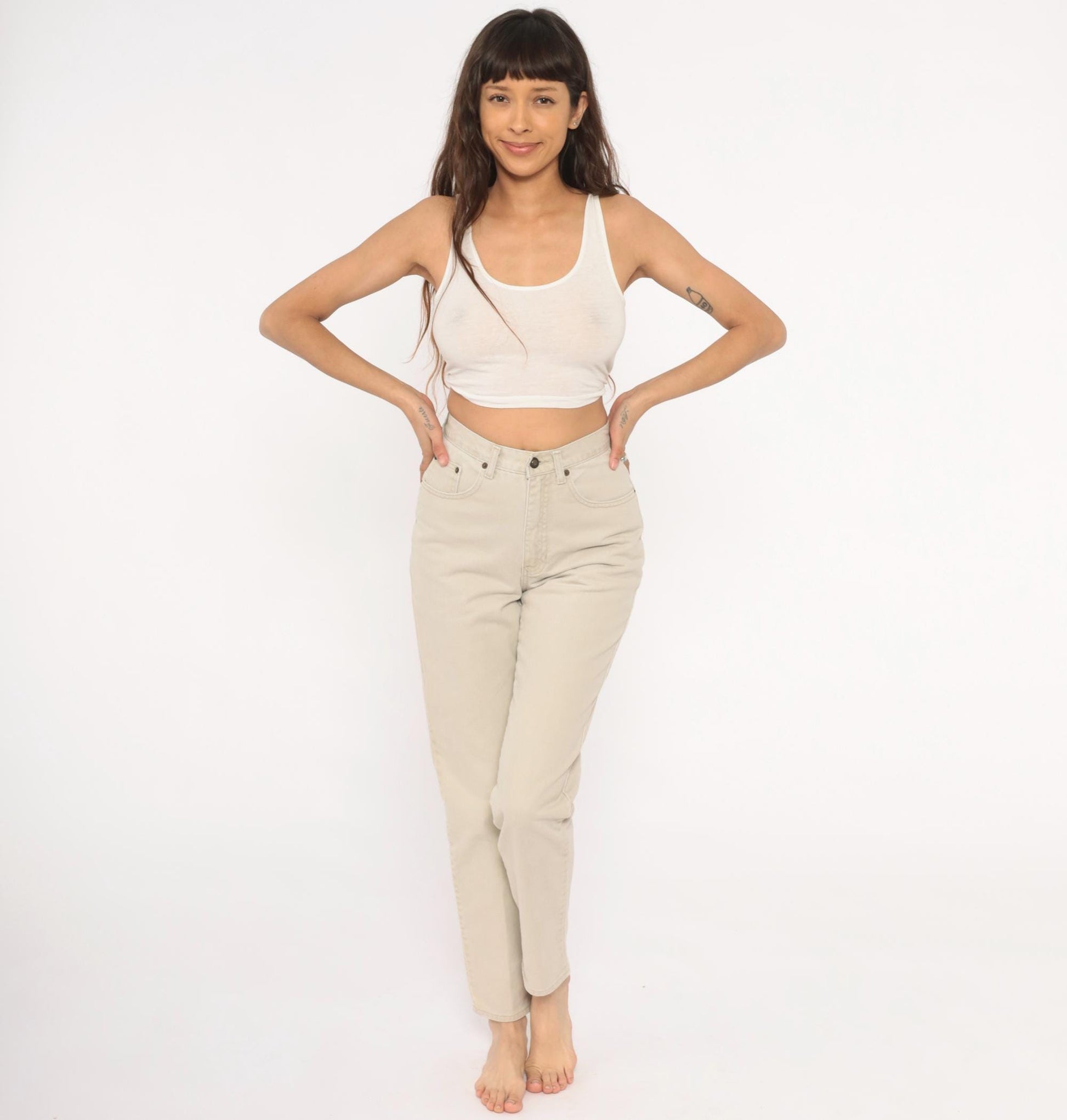 90s Exp Jeans High Waisted Cream Denim Straight Tapered Ankle Small S