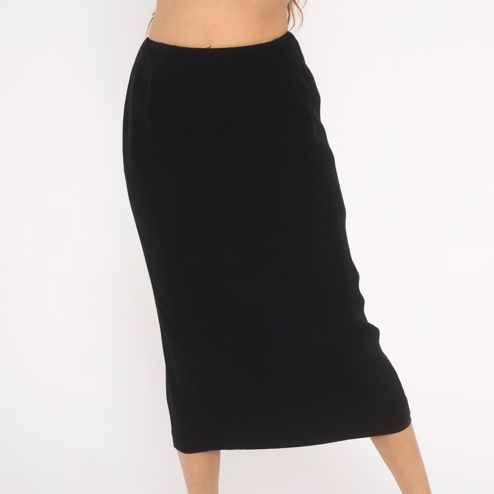 90s Noelle Black Pencil Skirt Midi High Waist Back Zip Small S