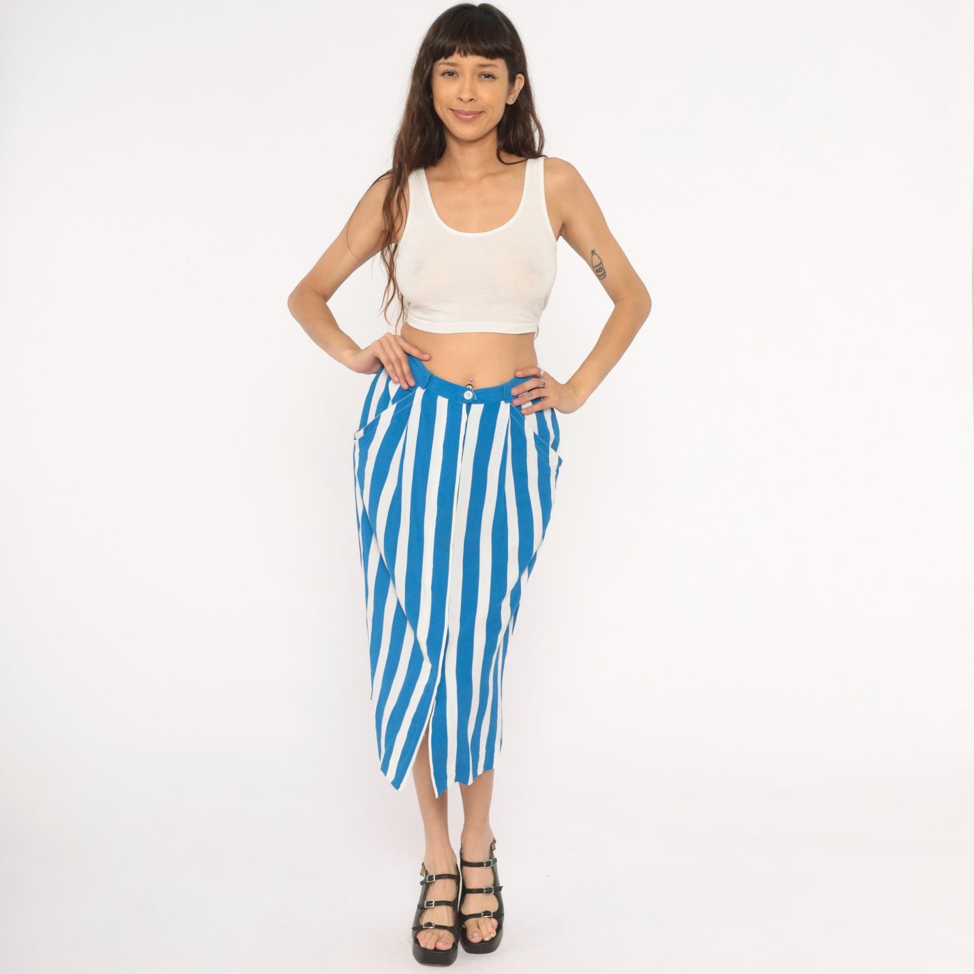 90s Jones New York Blue White Striped Midi Skirt High Waist Pockets Medium M