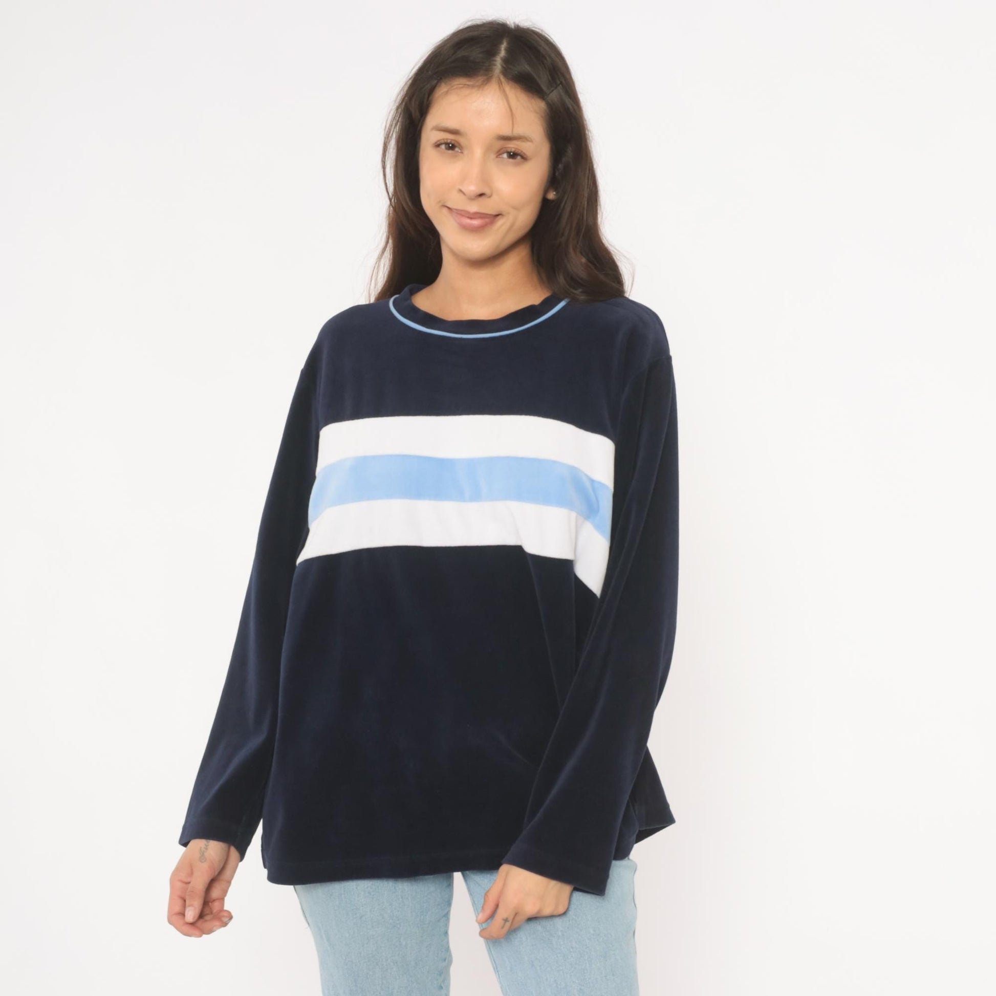 2000s St Johns Bay Navy Velour Sweatshirt Striped Chest Panel Extra Large XL
