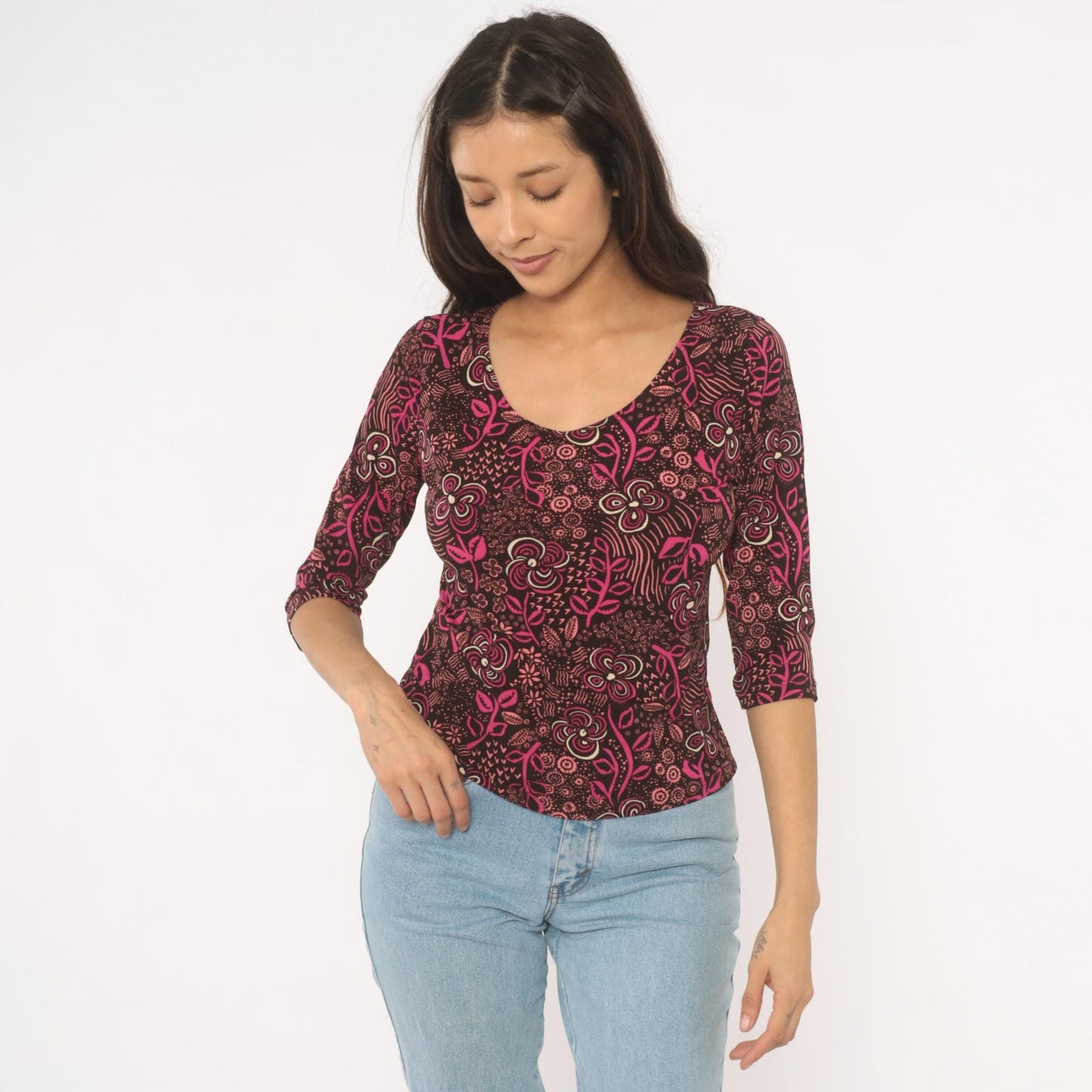 Y2K Only Nine Floral Botanical Blouse Brown Pink Three Quarter Sleeve Large L