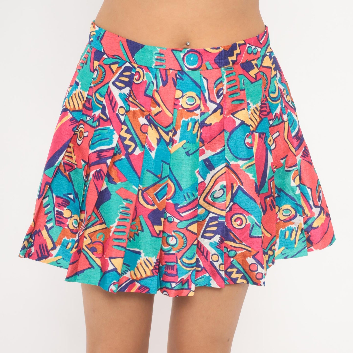90s Lily's of Beverly Hills Pleated Mini Skirt Abstract Geometric Print Pink Teal Medium