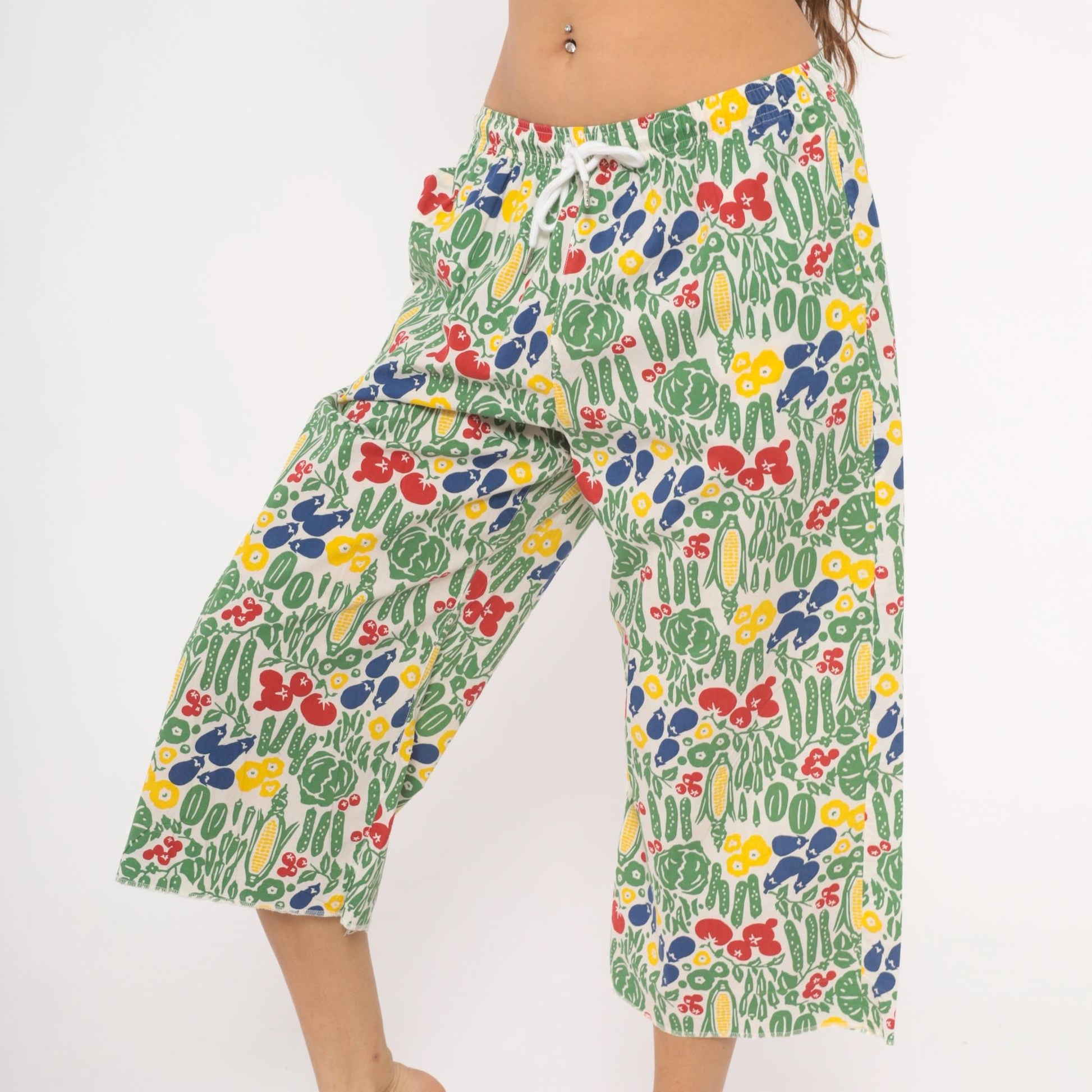 90s Vegetable Garden Print Culottes White Wide Leg Capri Cotton Medium M