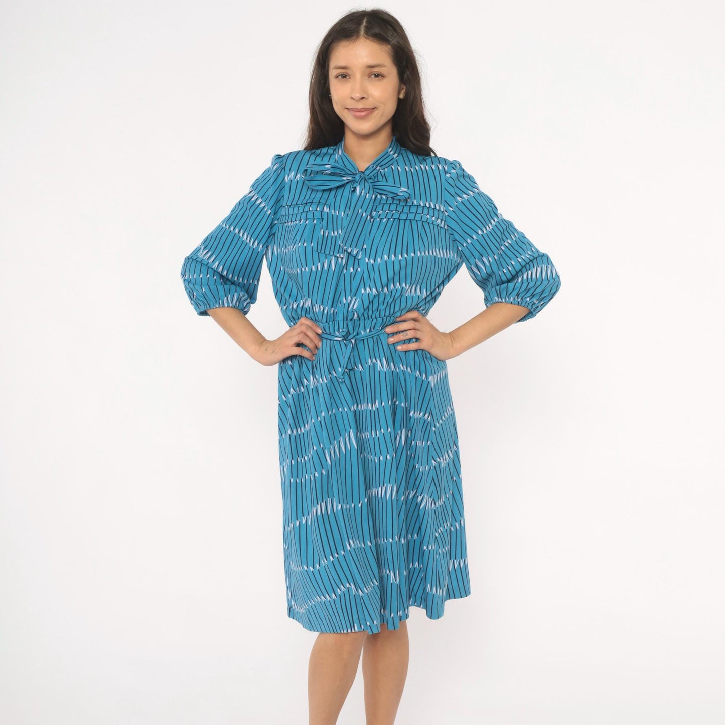 70s Teal Geometric Stripe Bow Neck Dress Puff Sleeve Belted Knee Length Large L