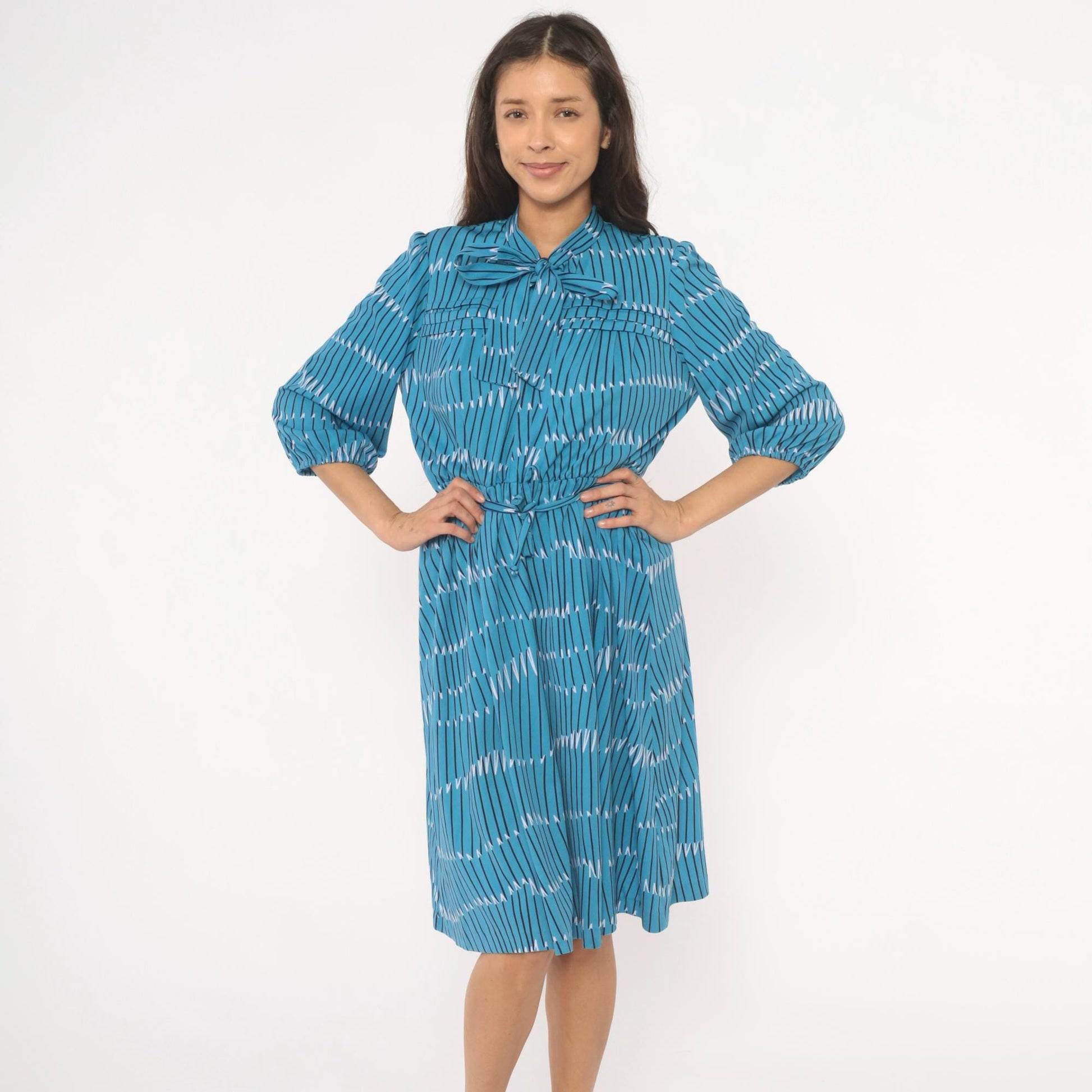 70s Teal Geometric Stripe Bow Neck Dress Puff Sleeve Belted Knee Length Large L