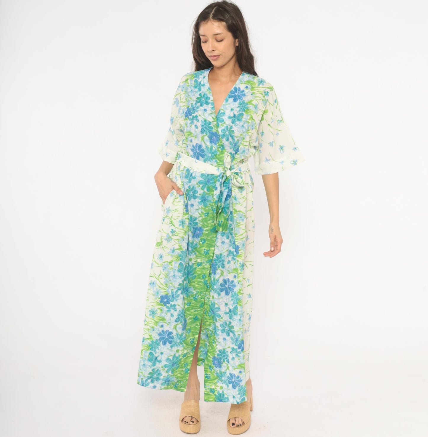 70s Floral Kimono Robe Maxi Wrap Dress Watercolor Print Blue Green Medium