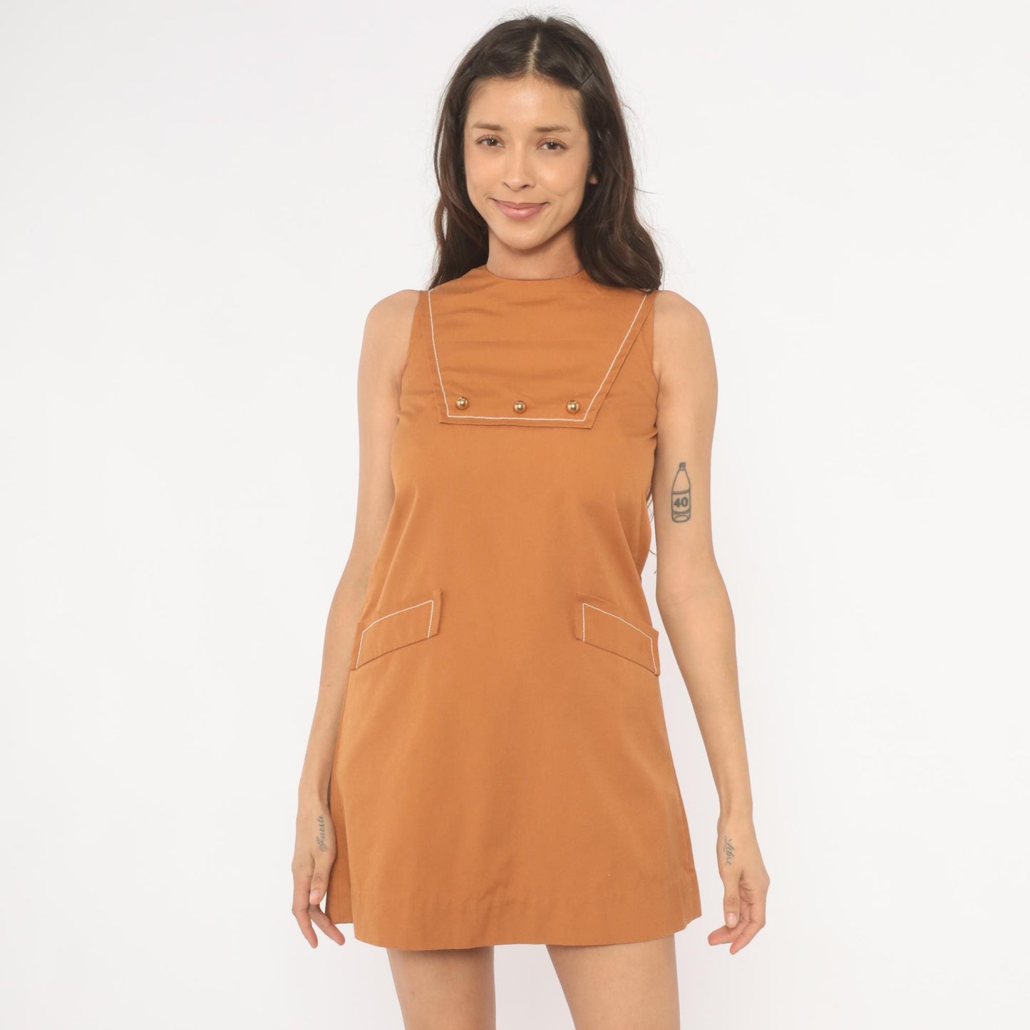 60s Mod Mini Dress Tan Sleeveless Shift Gold Button Crew Neck Extra Small XS