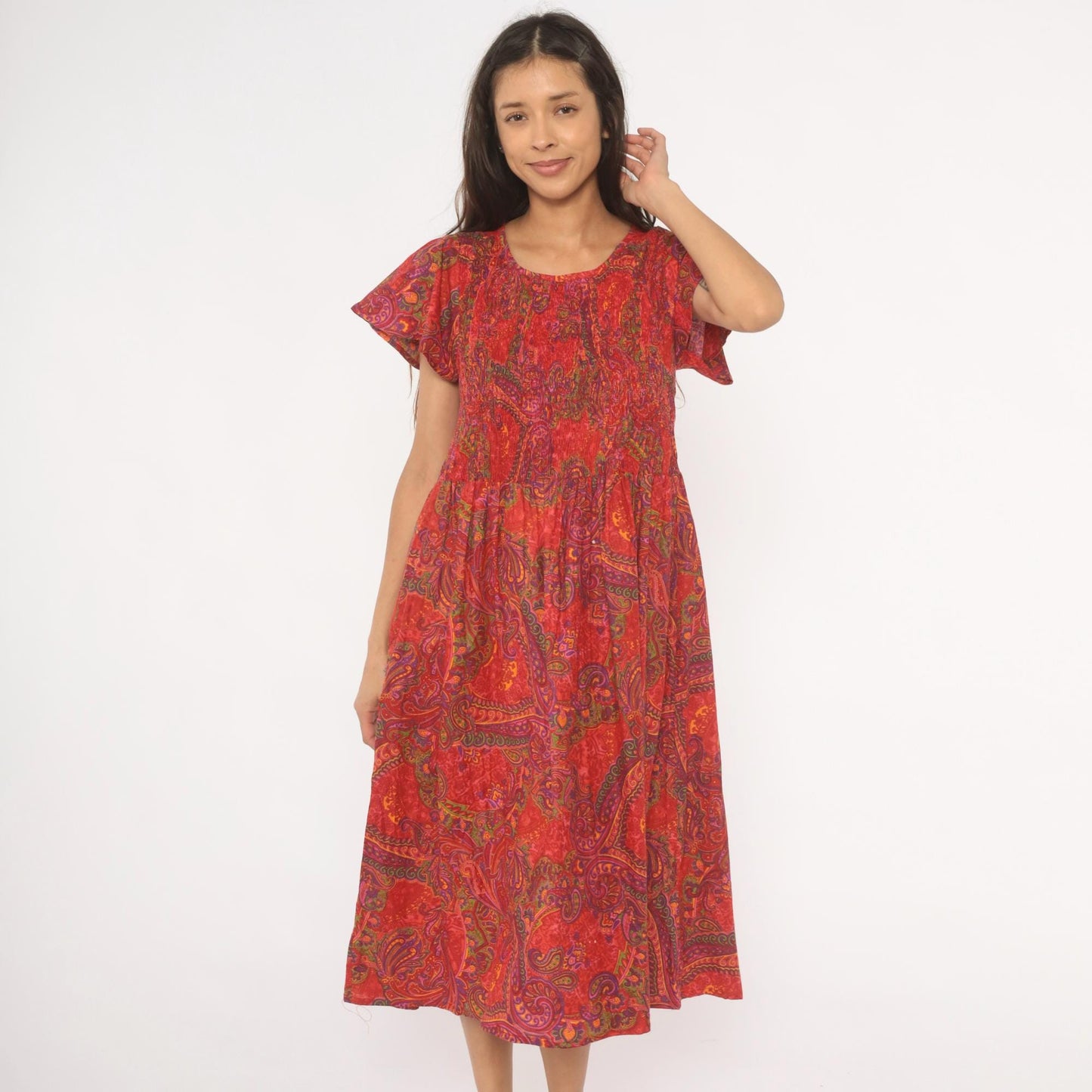 70s Metropolitan Paisley Smocked Midi Dress Red Flutter Sleeve Cotton Large L