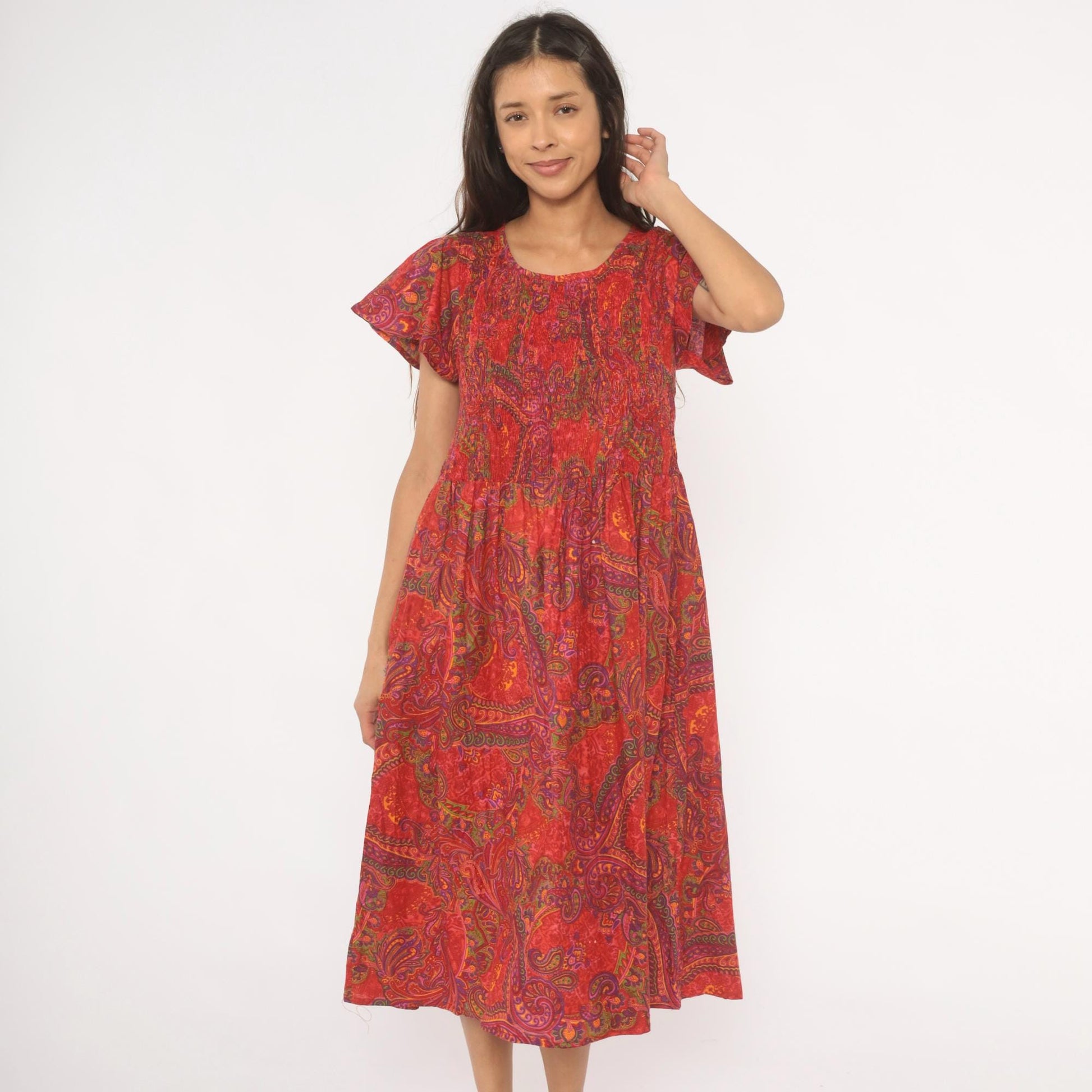 70s Metropolitan Paisley Smocked Midi Dress Red Flutter Sleeve Cotton Large L