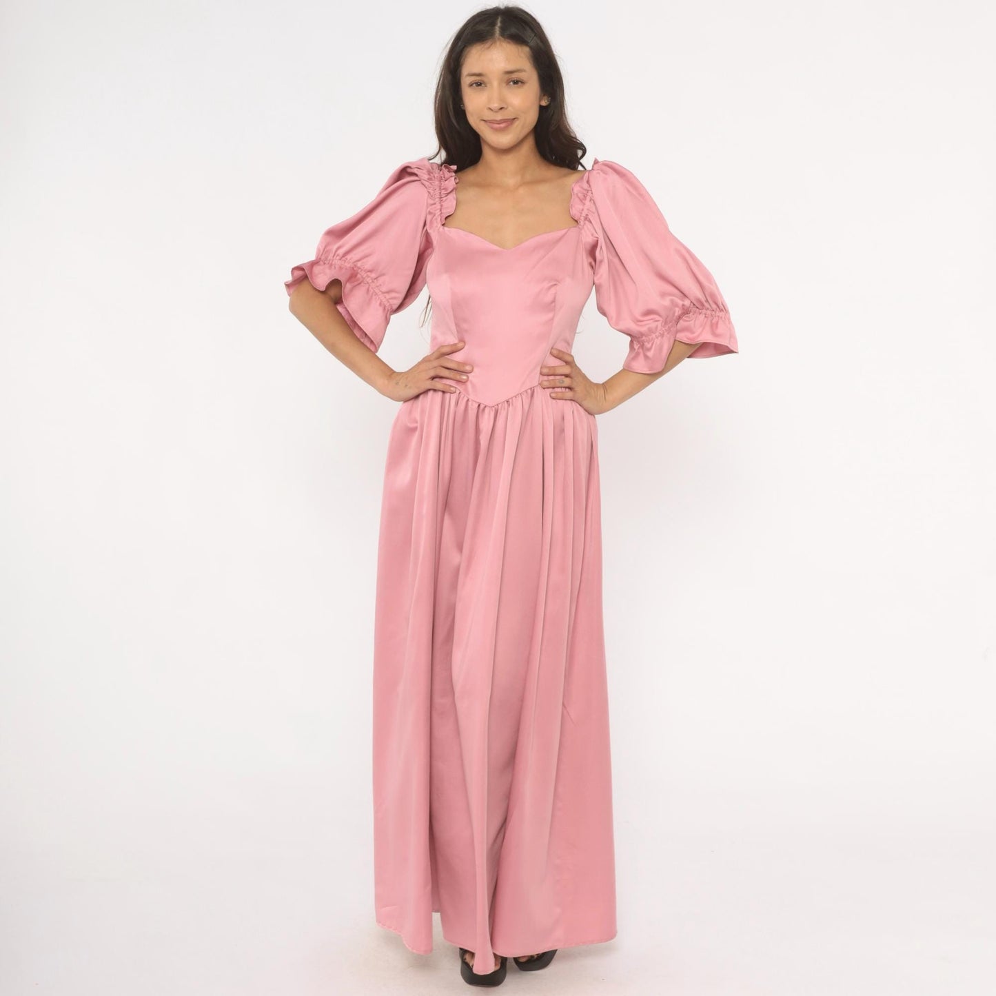 80s Rose Pink Maxi Gown Sweetheart Neckline Puff Sleeve Ruffle Trim Medium M